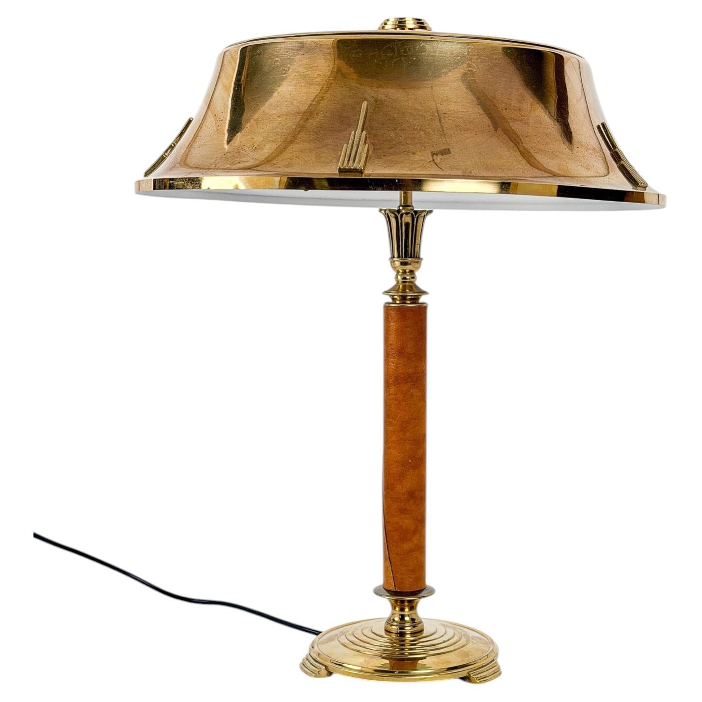 Swedish Modern Brass Table Lamp with Leather Column by Karl Borén, 1940s