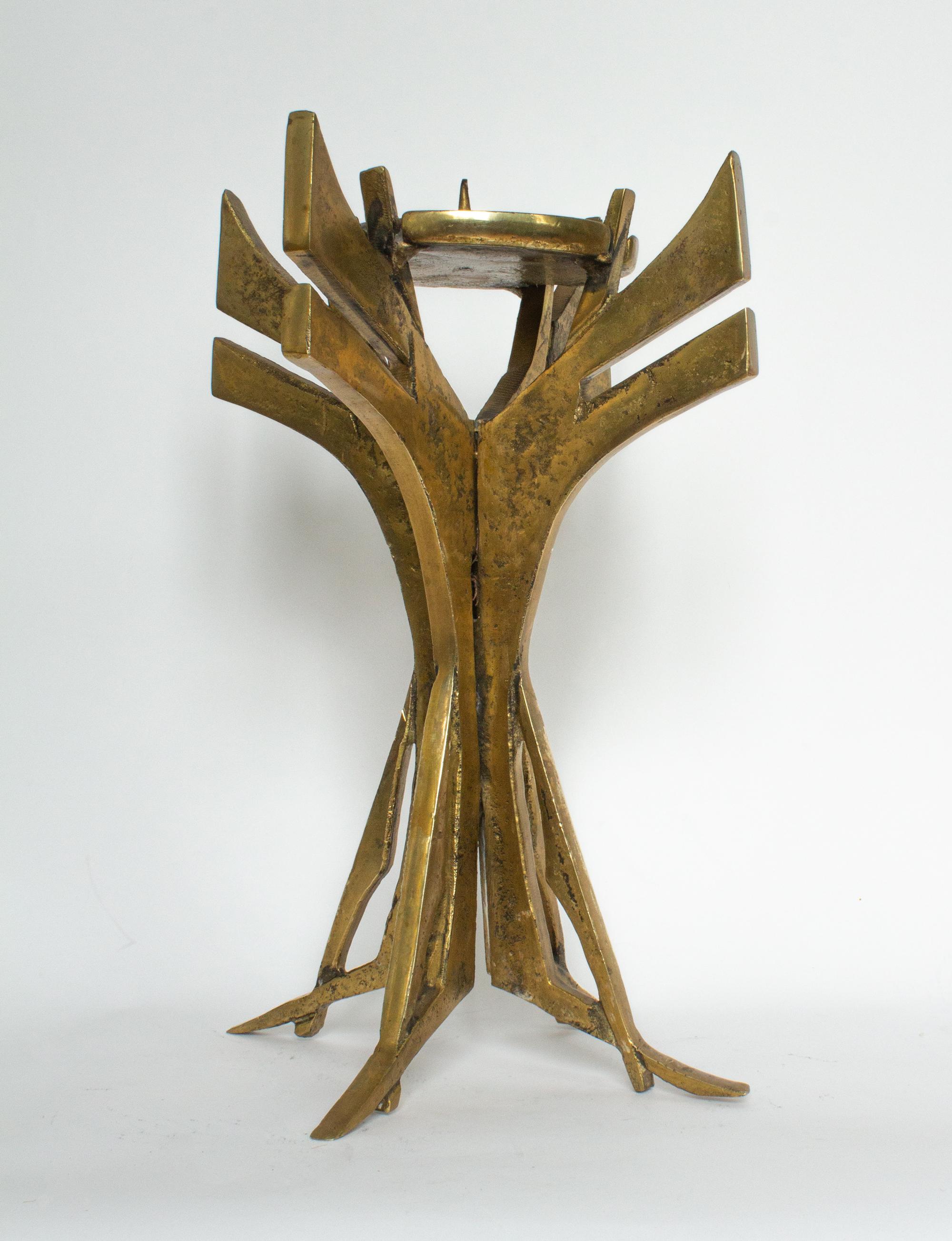Swedish modern Brutalist modern church candleholder in brass. A heavy piece, in good vintage condition with an aged patina. There are signs of wear as one might expect from age and use, including light scratches.