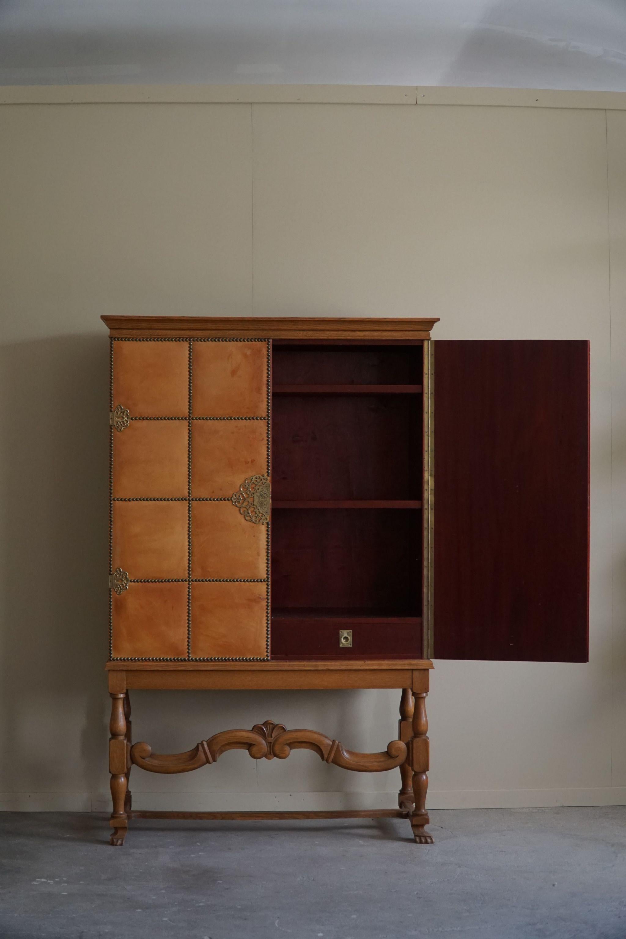 Swedish Modern Cabinet in Leather, Oak & Brass Nails, Otto Schulz, 1930s 7
