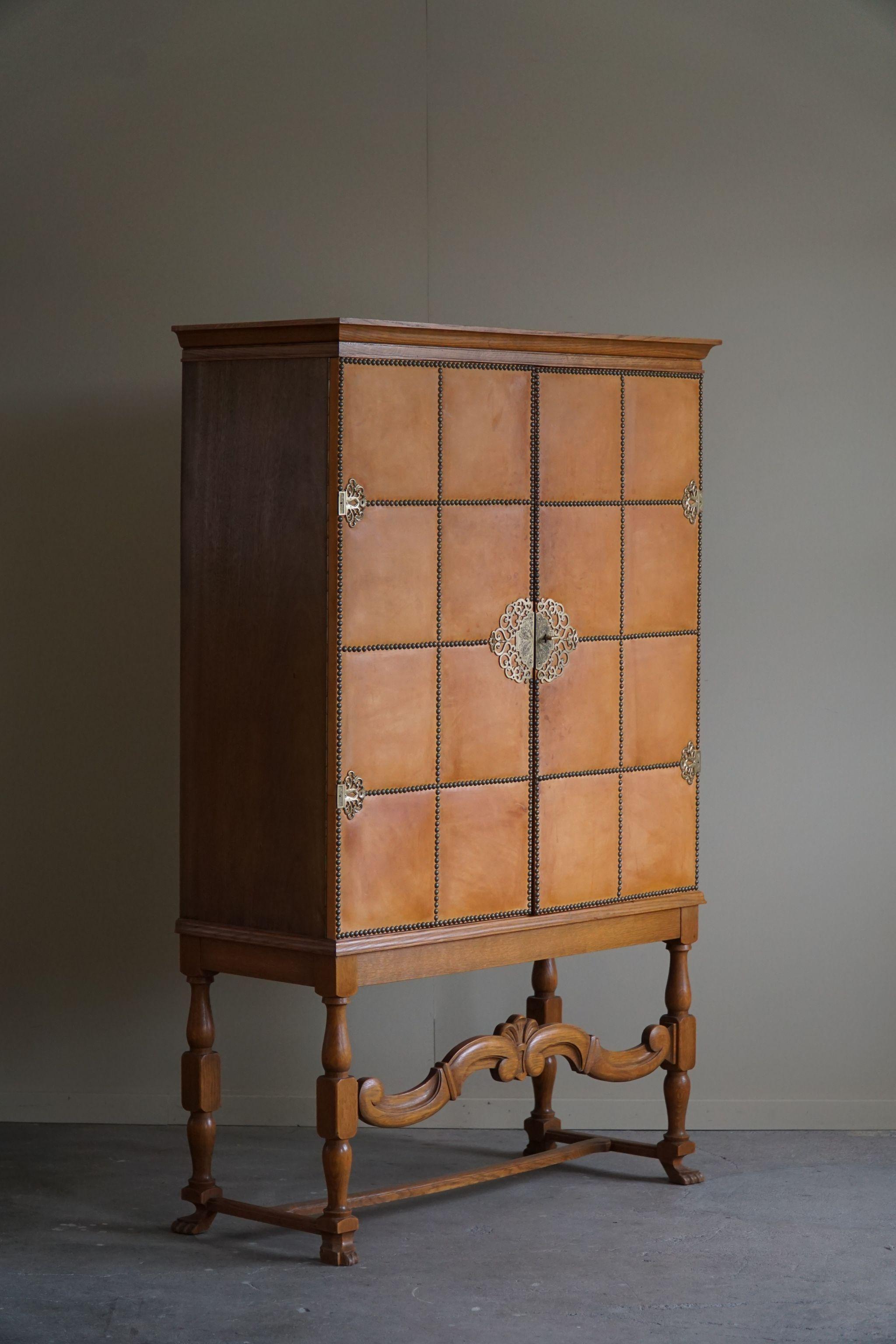 Swedish Modern Cabinet in Leather, Oak & Brass Nails, Otto Schulz, 1930s 2