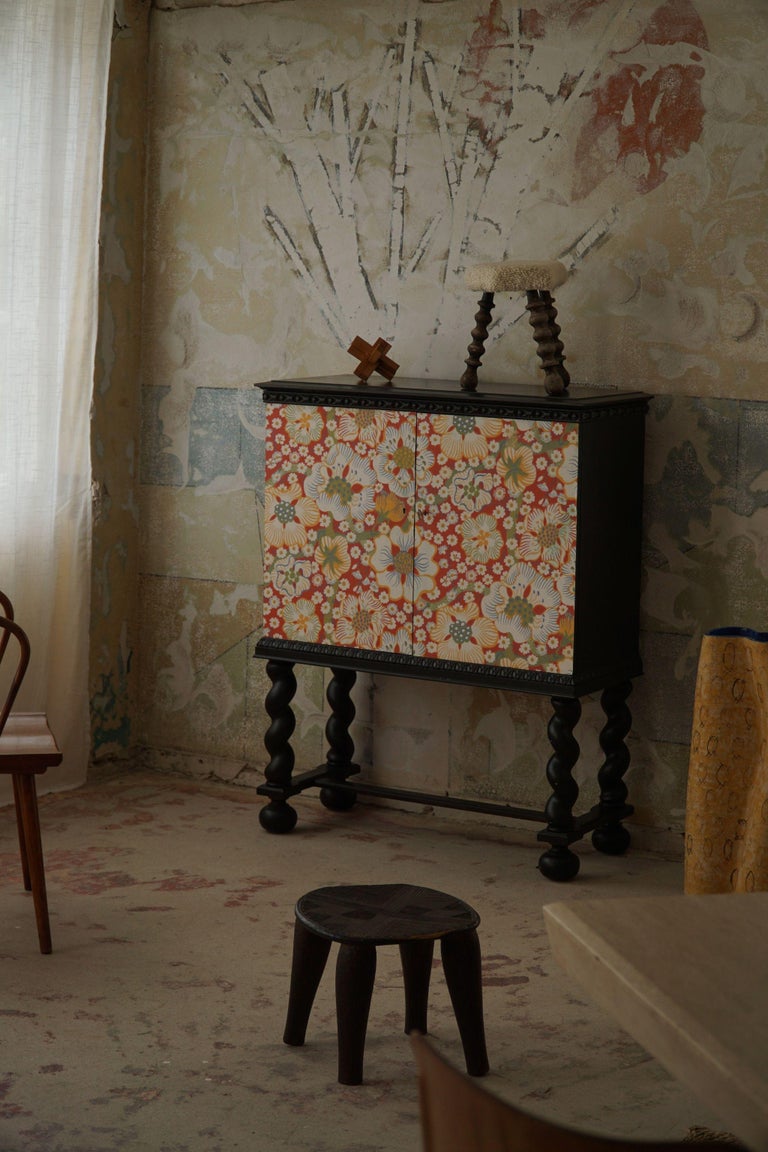 Baroque Swedish Modern Cabinet in Oak, Upholstered with Svenskt Tenn Fabric, 1940s