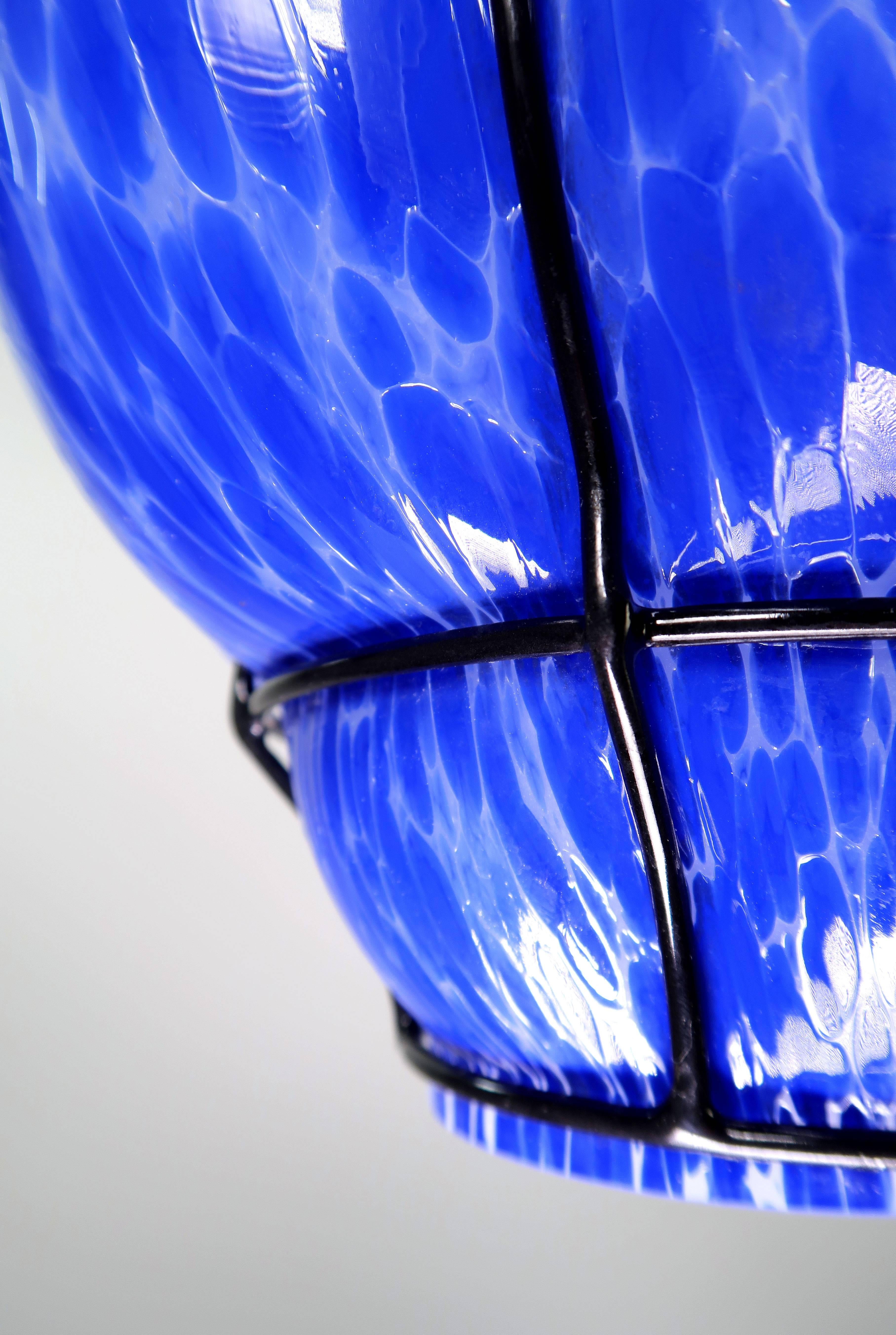Mid-Century Modern Wiktor Brandt for Flygsfors 1950s Blue Art Glass Caged Pendant For Sale