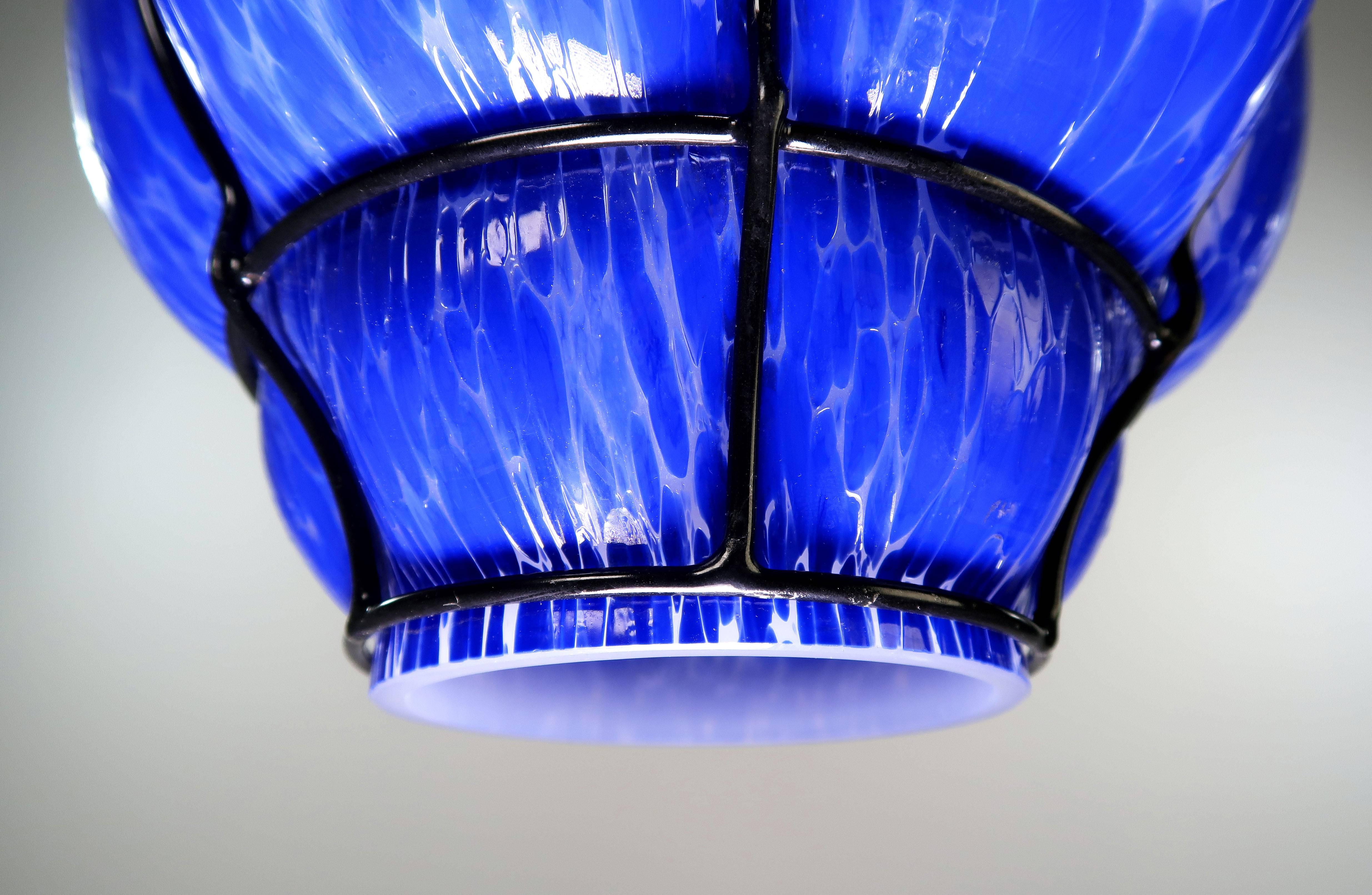 Swedish Wiktor Brandt for Flygsfors 1950s Blue Art Glass Caged Pendant For Sale
