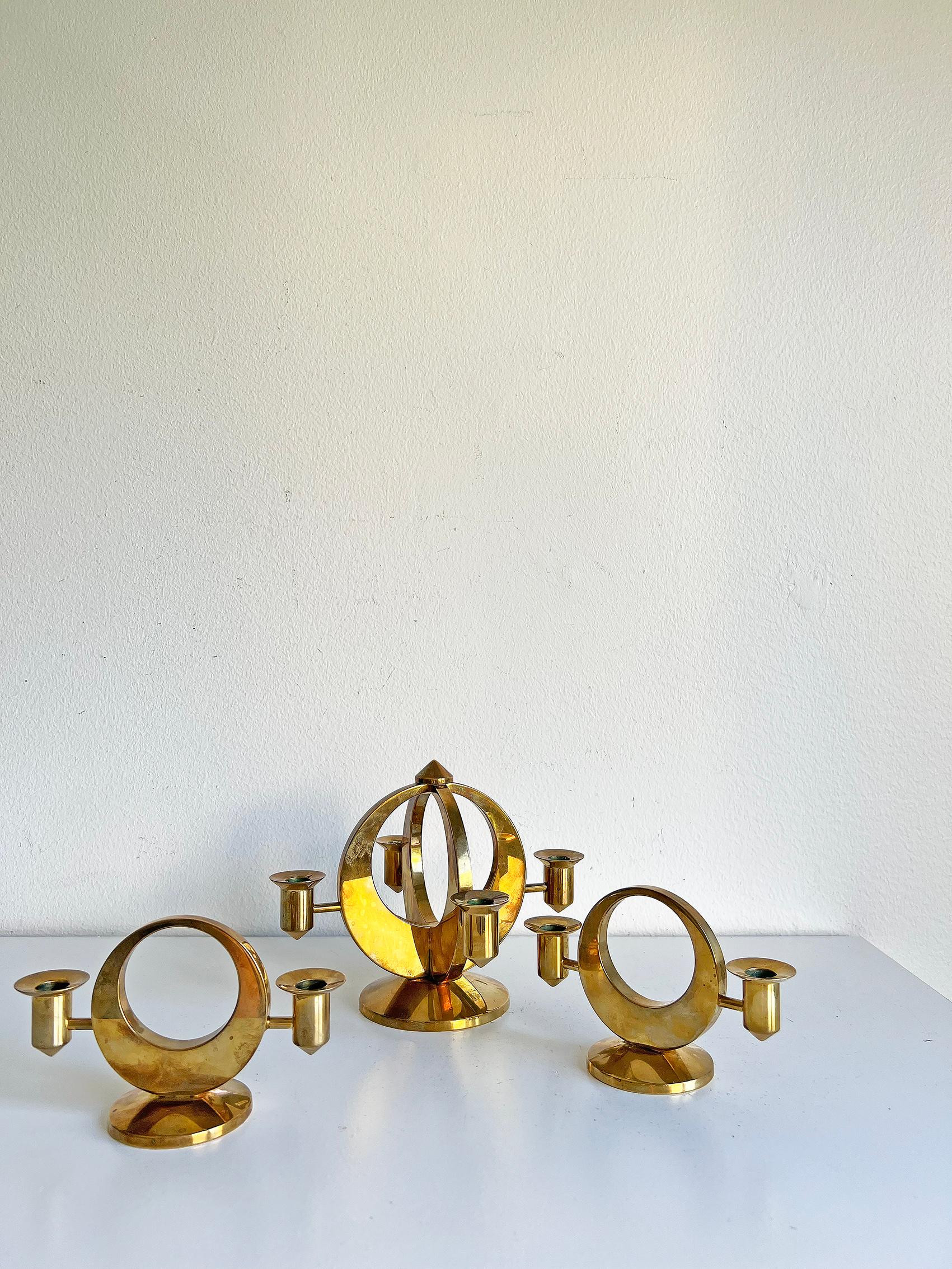 Scandinavian Modern Swedish Modern Candlesticks in Brass by Arthur Pe for Kolbäck, 1950s, Set of 3 For Sale