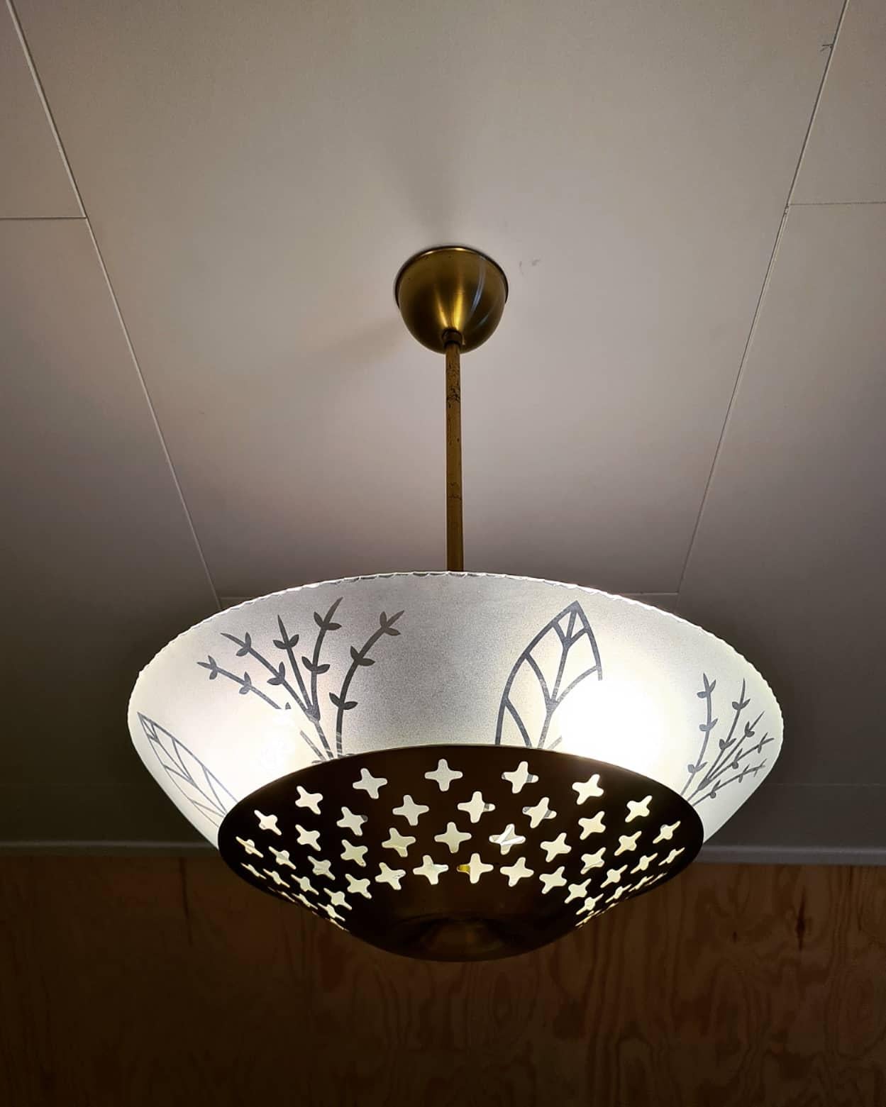 Scandinavian Modern Swedish Modern Ceiling Lamp in Brass and Glass ca 1950's For Sale