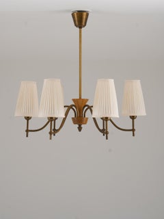 Swedish Modern Chandelier by Böhlmarks in Brass and Wood, 1940s