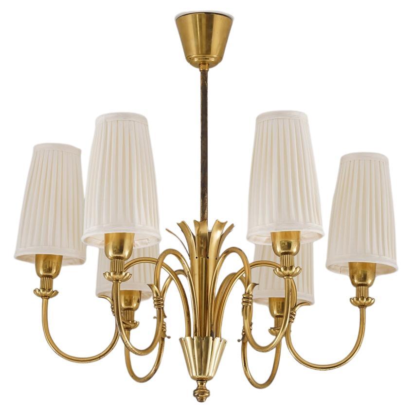 Swedish Modern Chandelier by Böhlmarks in Brass and Wood, 1940s