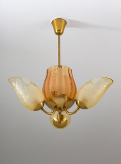 Swedish Modern Chandelier in Brass and Glass by Glössner