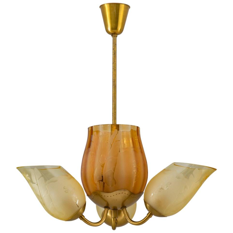 Swedish Modern Chandelier in Brass and Glass by Glössner For Sale