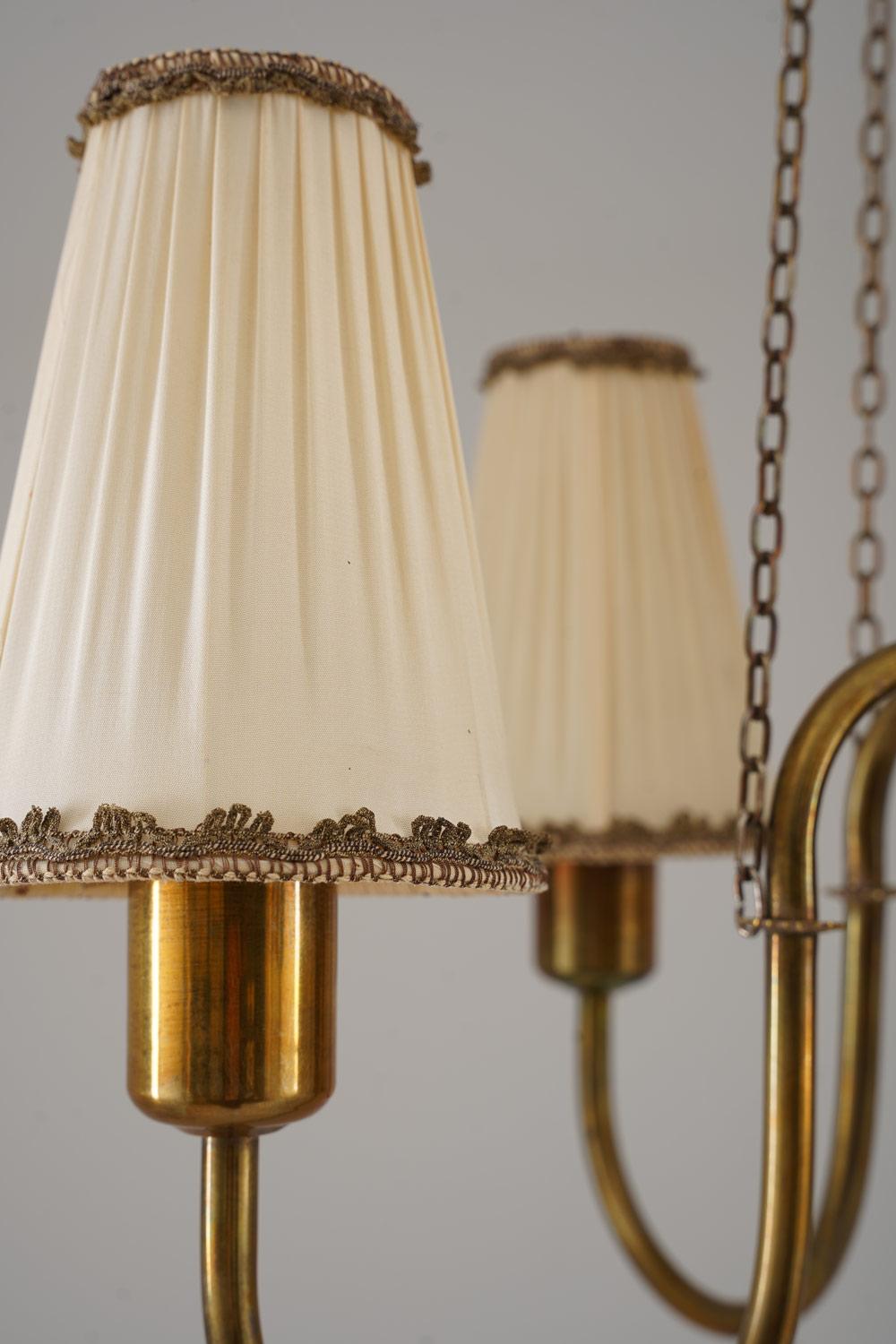 20th Century Swedish Modern Chandelier in Brass and Wood, 1940s For Sale
