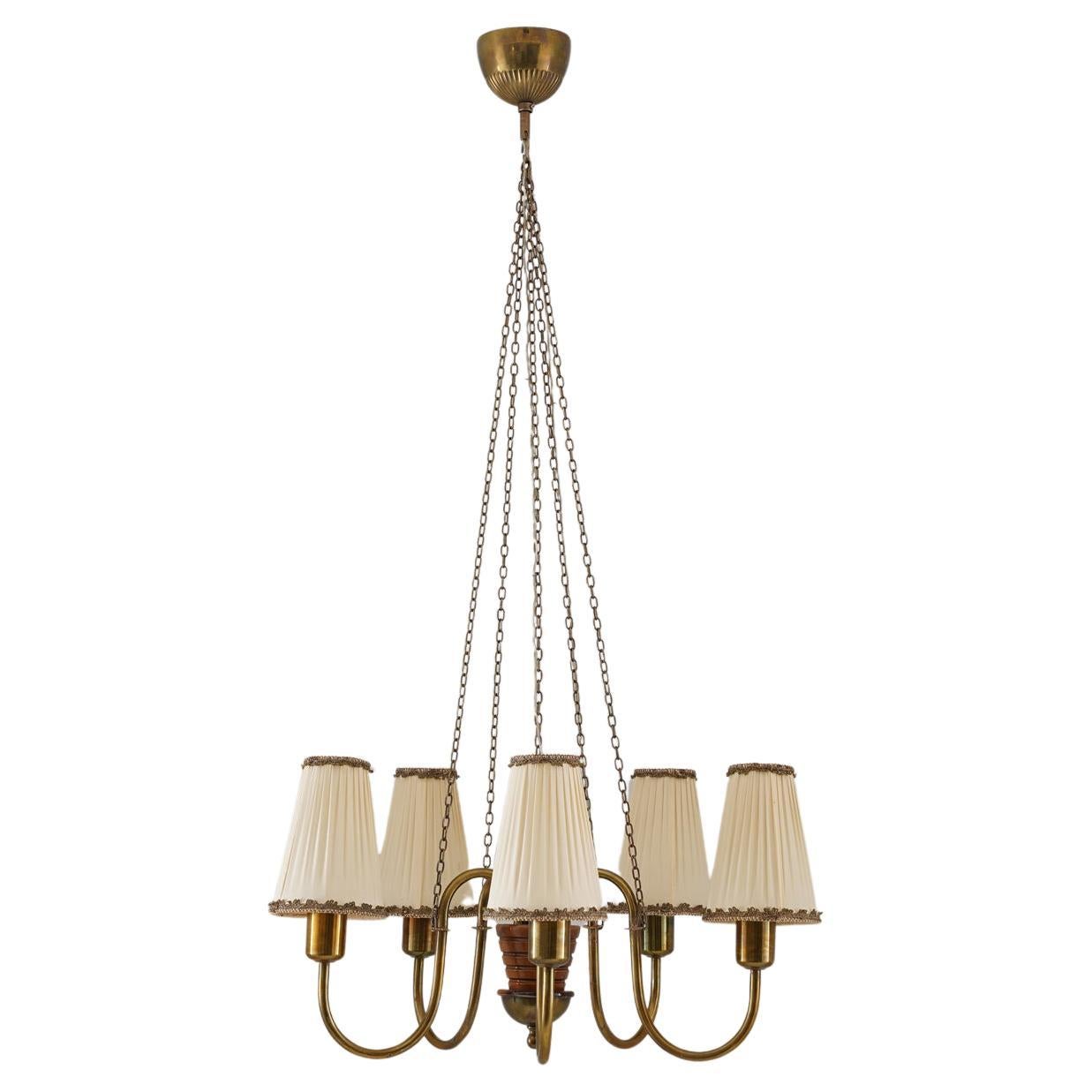 Swedish Modern Chandelier in Brass and Wood, 1940s