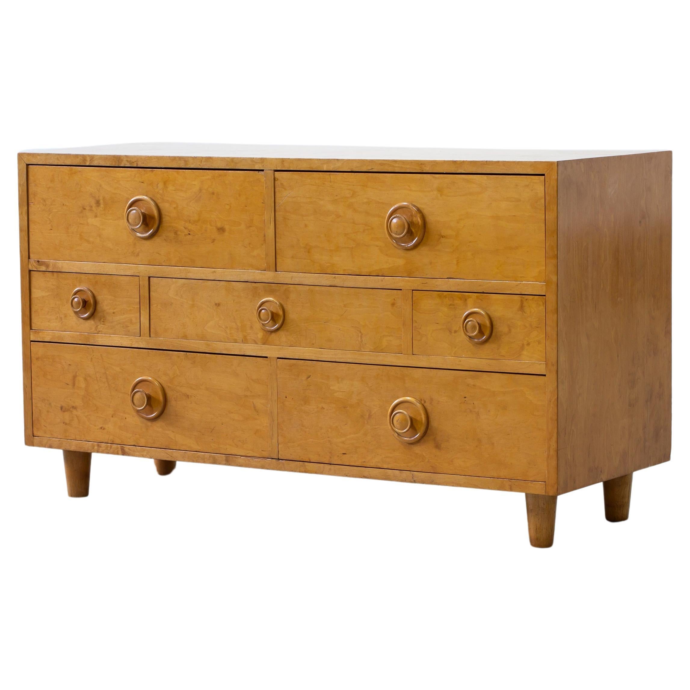 Swedish modern chest of drawers in flame birch, in the style of Josef Frank For Sale
