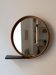 Swedish Modern Circular Wood Mirror with Shelf circa 1940s