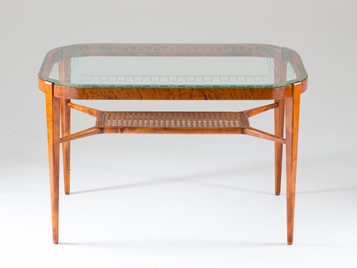 Mid-Century Modern Swedish Modern Coffee Table in Birch, Glass and Rattan by Bodafors, 1940s For Sale