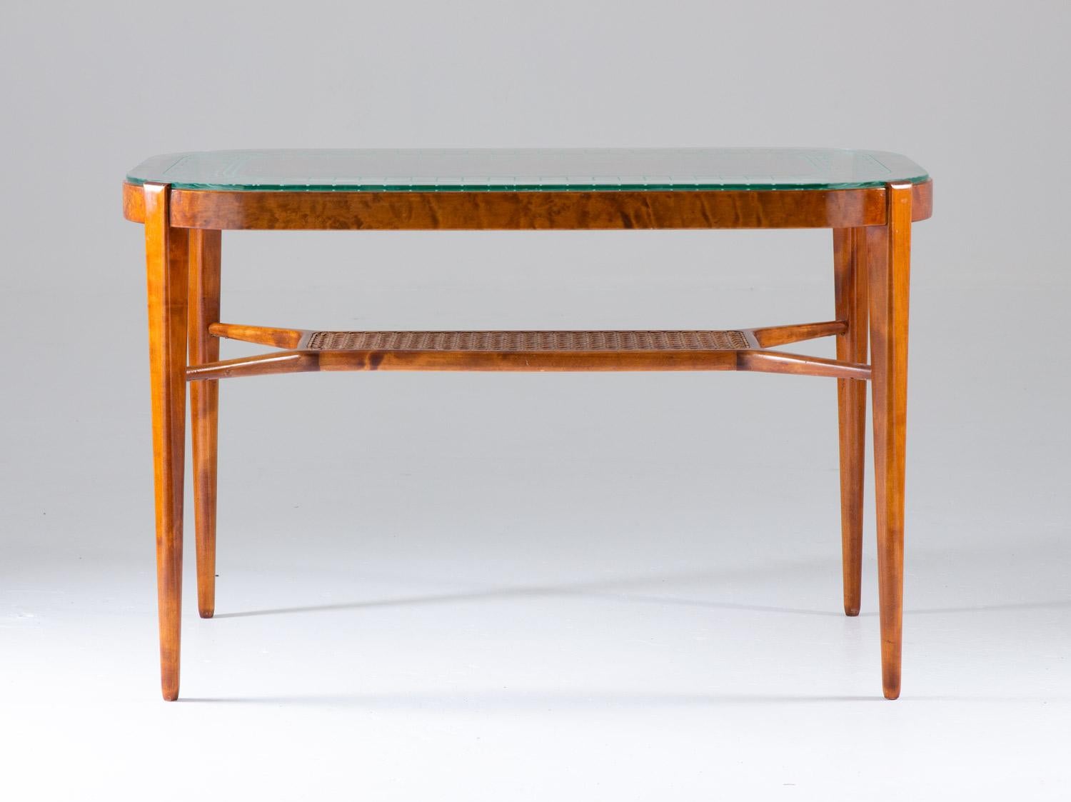 Swedish Modern Coffee Table in Birch, Glass and Rattan by Bodafors, 1940s In Good Condition For Sale In Karlstad, SE