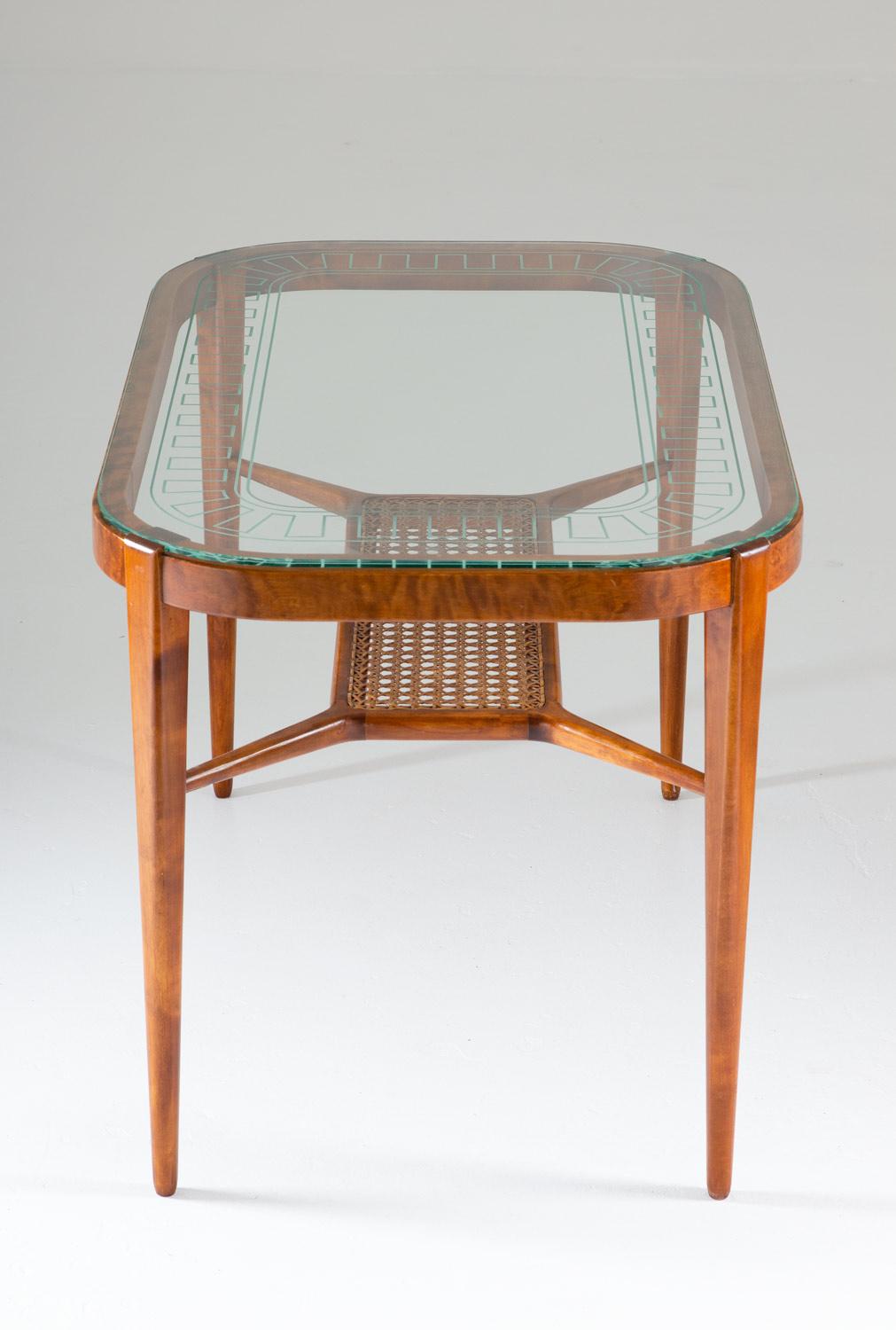 20th Century Swedish Modern Coffee Table in Birch, Glass and Rattan by Bodafors, 1940s For Sale