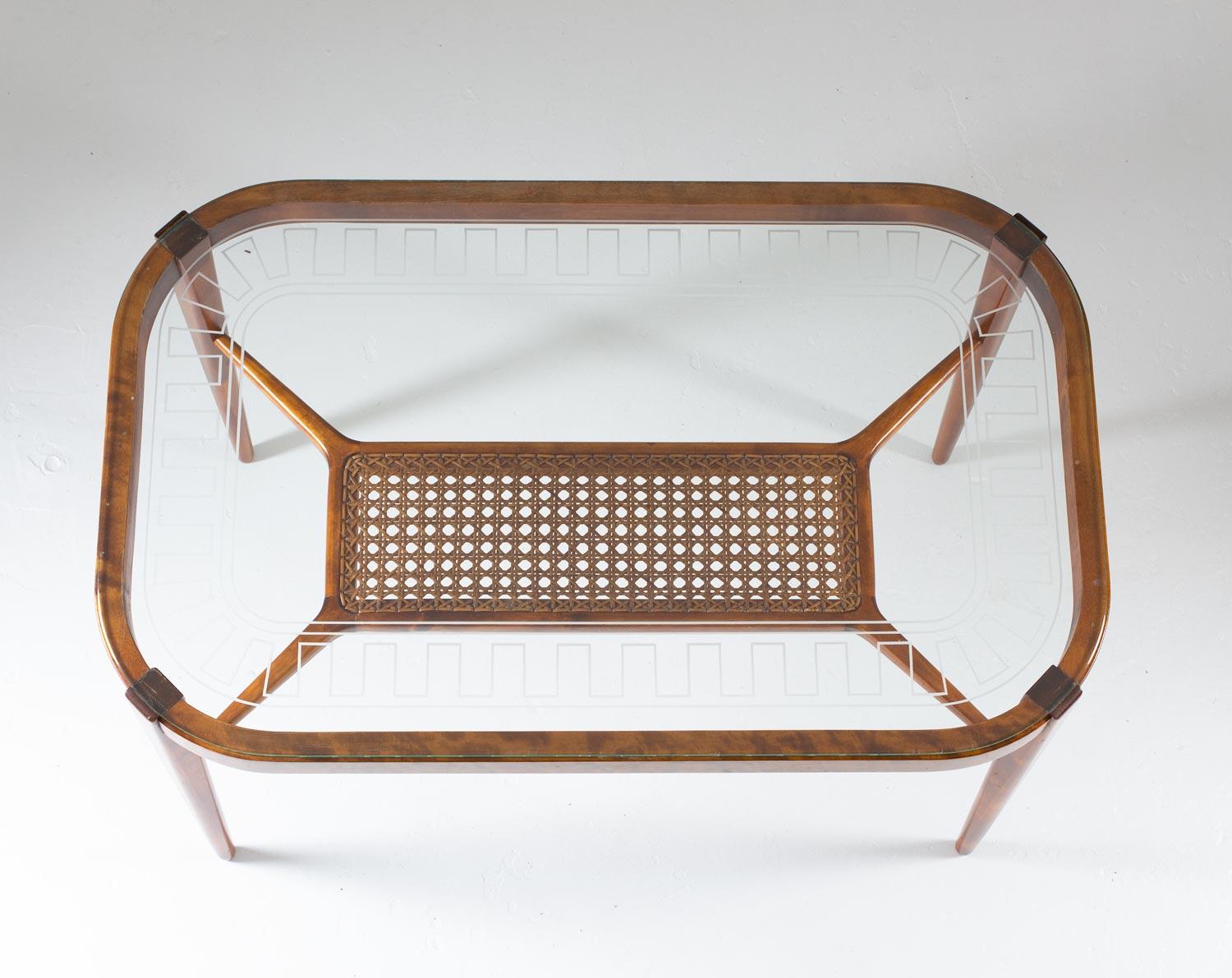 Swedish Modern Coffee Table in Birch, Glass and Rattan by Bodafors, 1940s For Sale 2