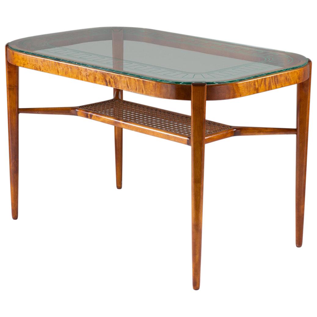 Swedish Modern Coffee Table in Birch, Glass and Rattan by Bodafors, 1940s For Sale
