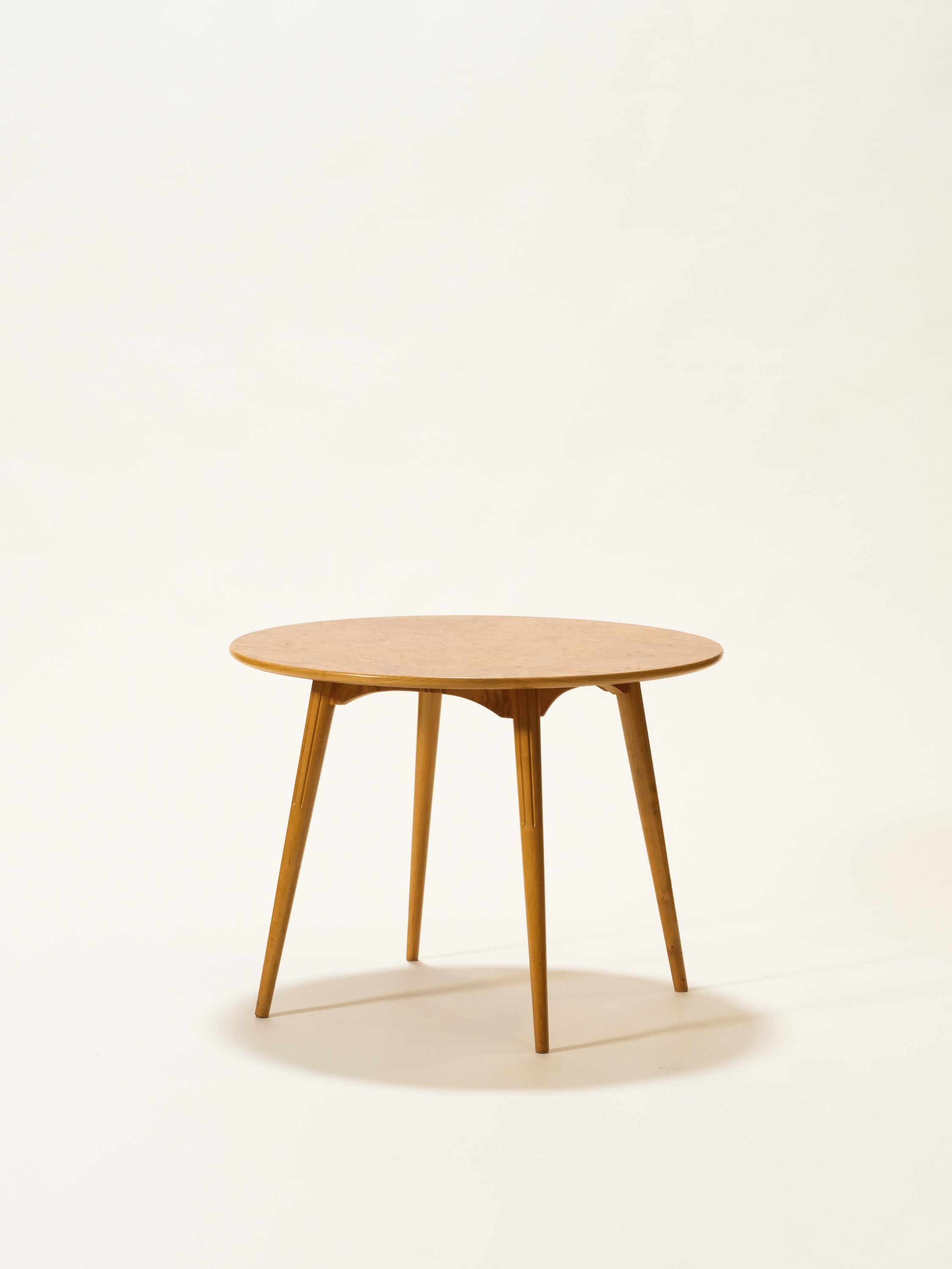 Swedish modern round center/coffee table in birch and masur birch. 1940s-1950s.