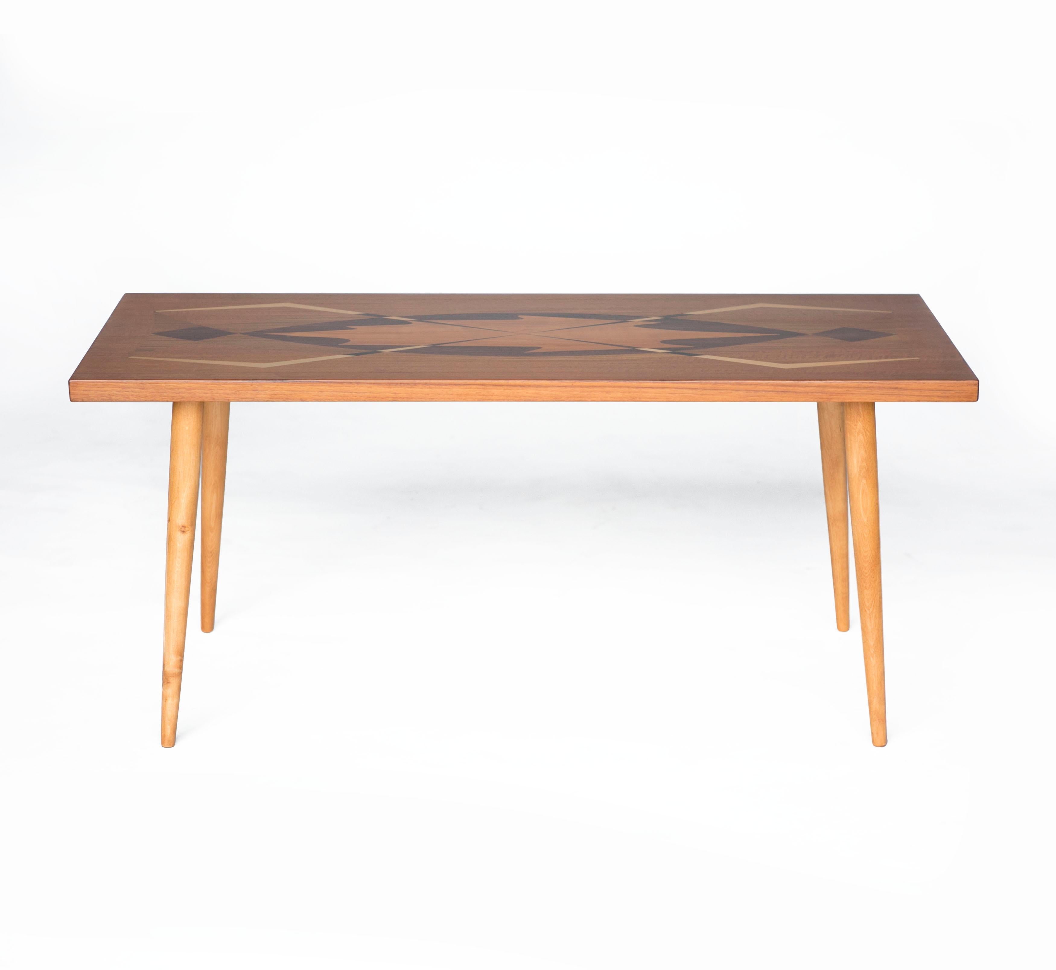 Birch Swedish Modern Coffee Table with Exotic Wood Inlay, Sweden, 1950s For Sale