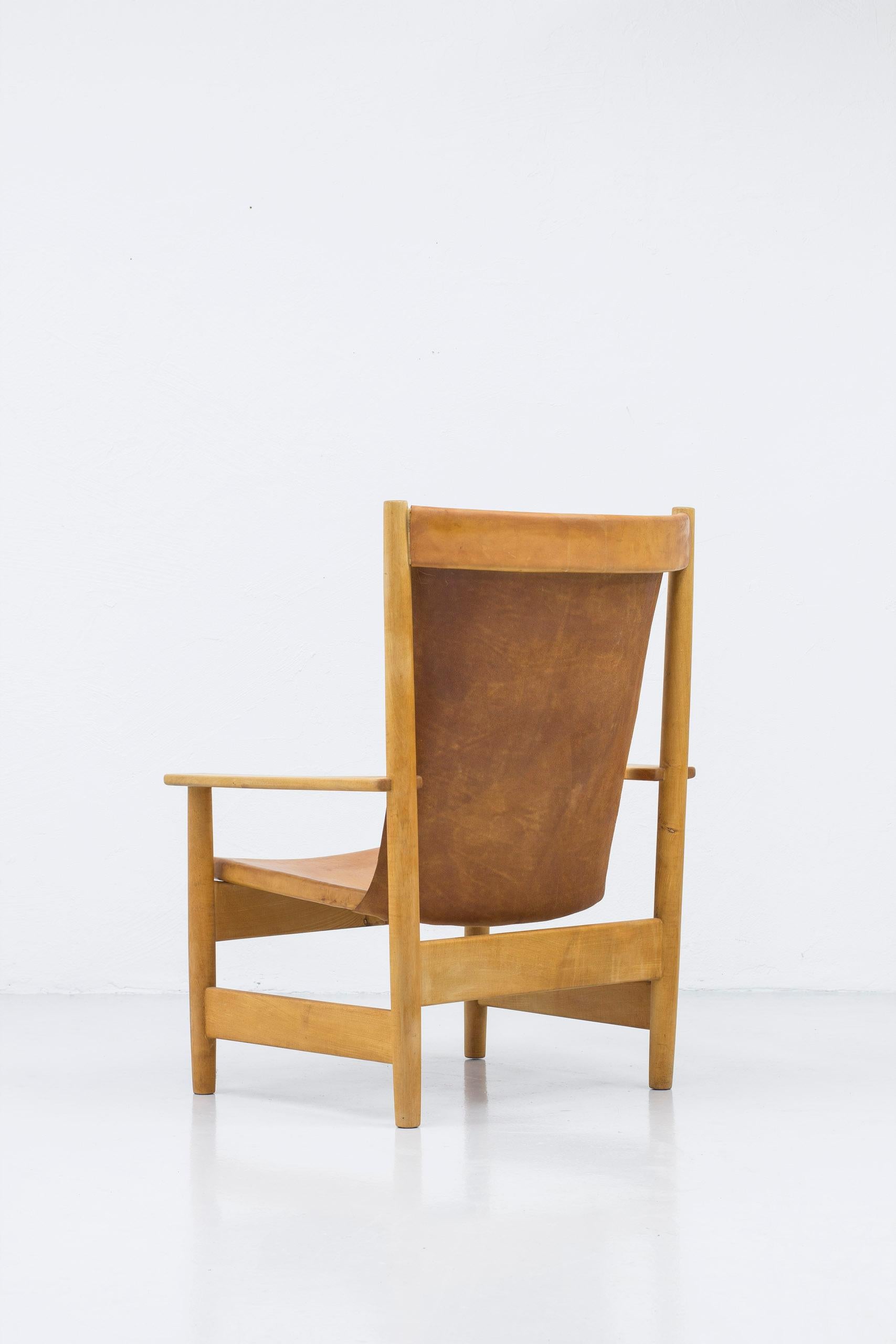 Mid-20th Century Swedish Modern Cognac Leather Lounge Chair, Patina, Sweden, 1950s For Sale