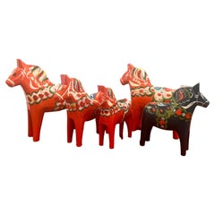 Swedish Modern Collection of 5 Wood Dalahorses by Nils Olsson