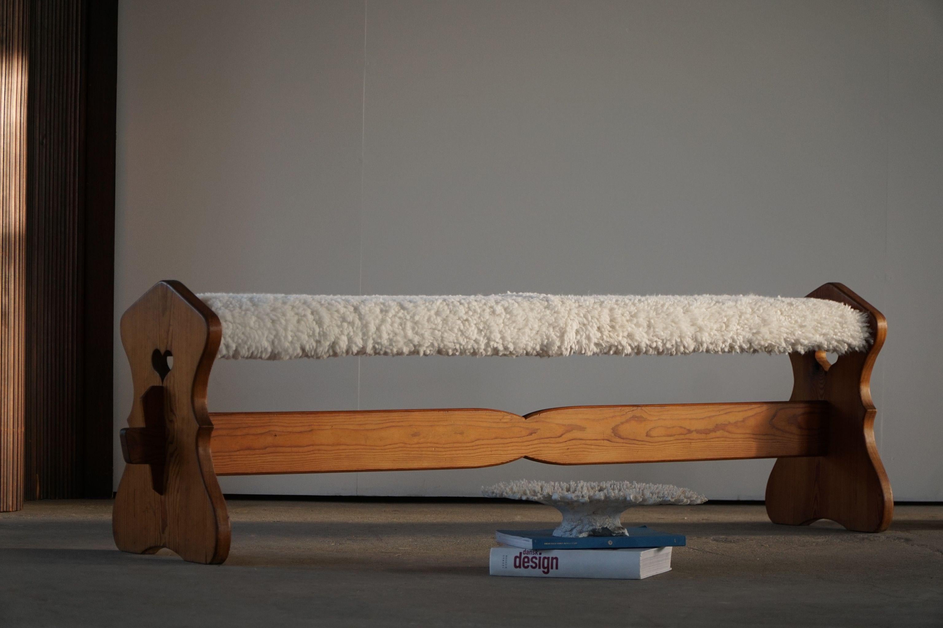 Swedish Modern, Curved Bench in Solid Pine, Lambswool Upholstery, Made in 1940s 2