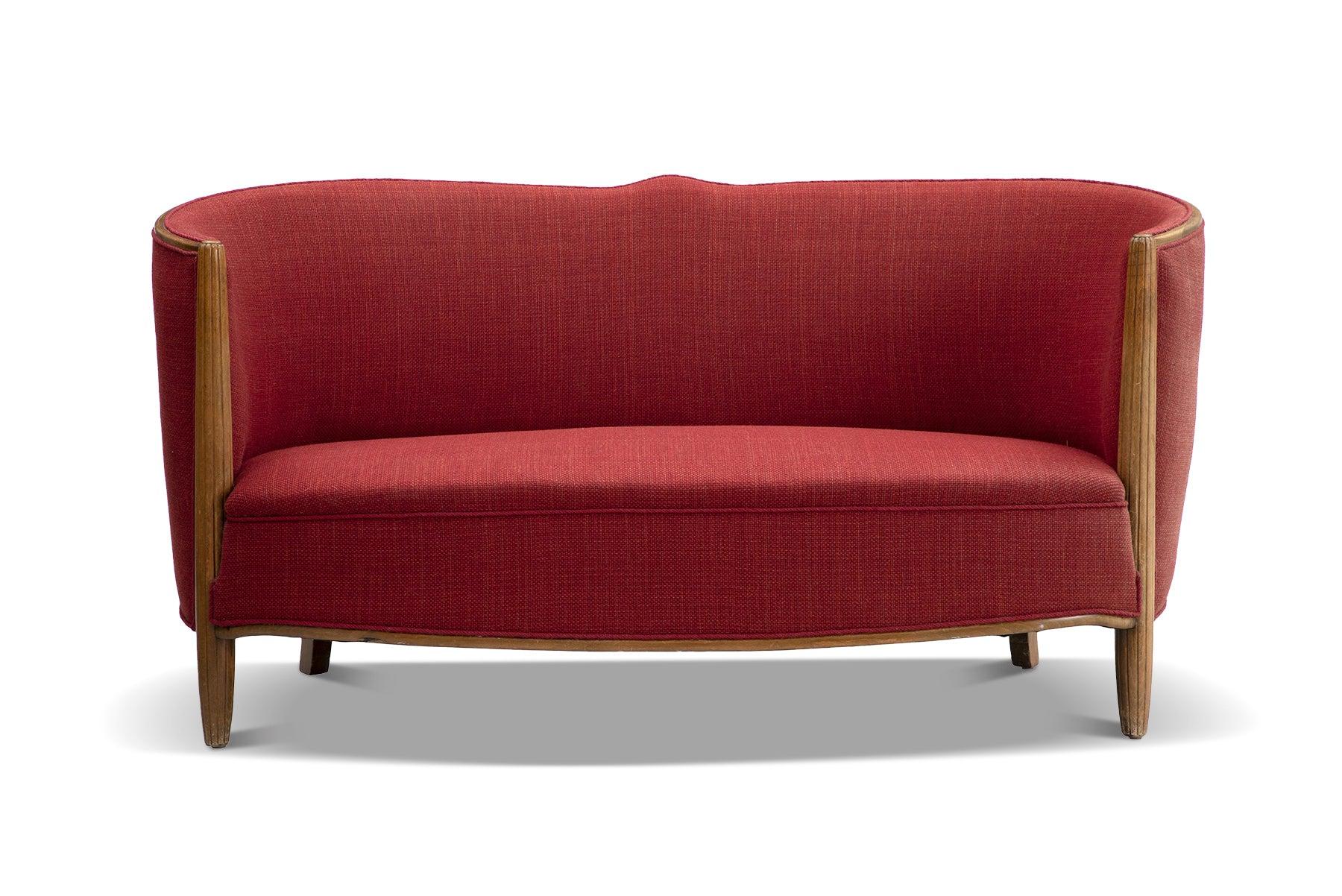 Mid-Century Modern Swedish Modern Curved Sofa In Red Wool