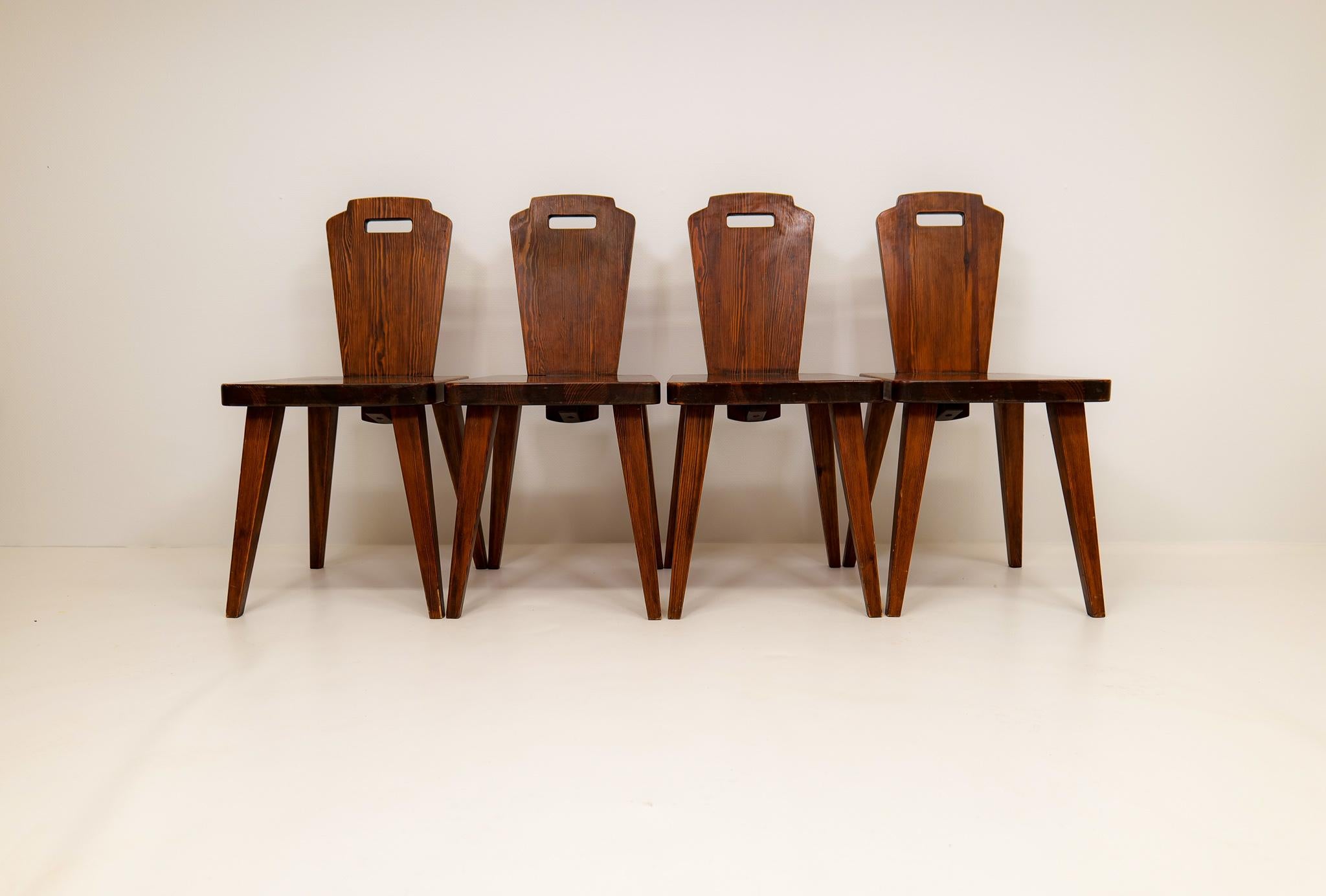 Stained pine dining chairs attributed to Bo Fjaestad, Sweden.
Similar to the 