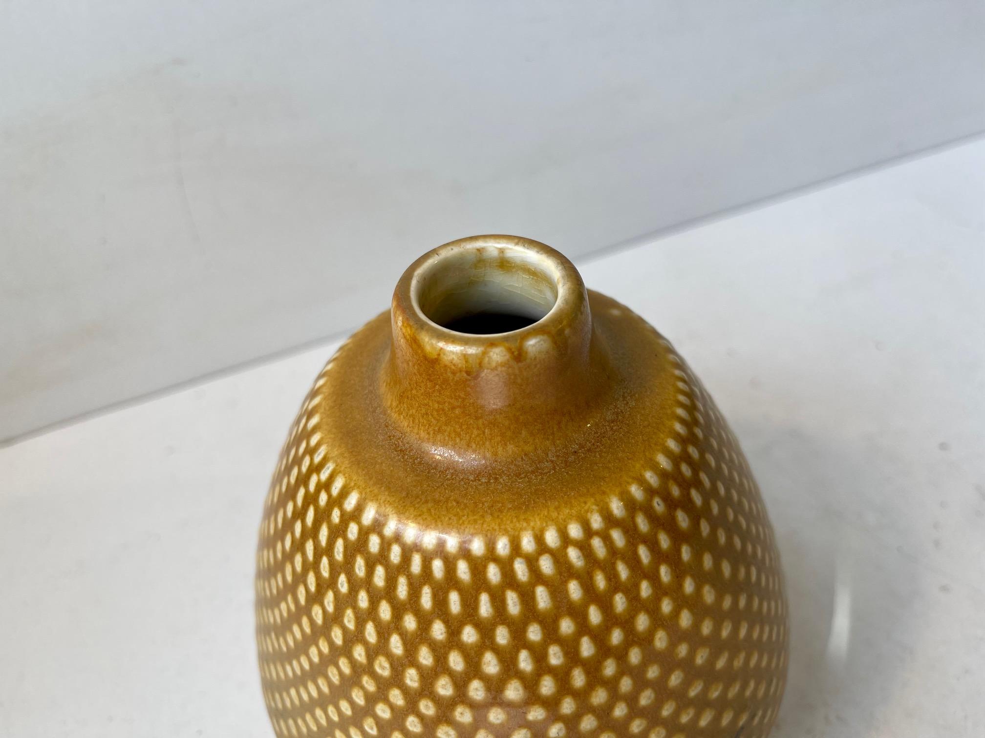 Scandinavian Swedish Modern Dotted Ceramic Vase with Yellow Glaze For Sale