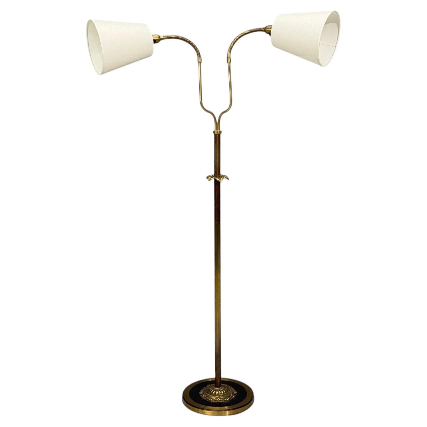 Swedish Modern, Dual Head Floor Lamp, Reeded Brass, Sweden, 1950s For Sale