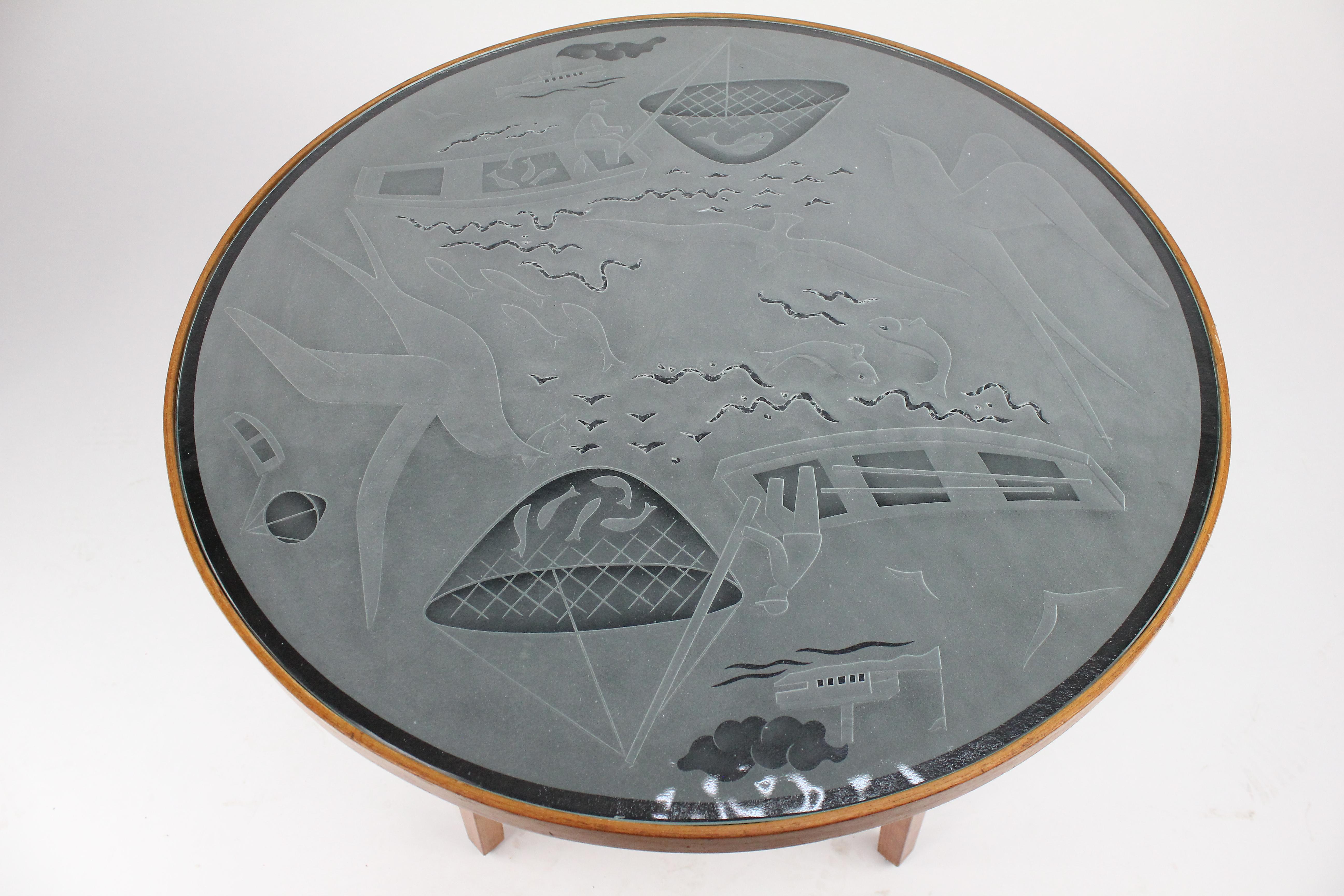 20th Century Swedish Modern Engraved Glass Top Table, 1940s