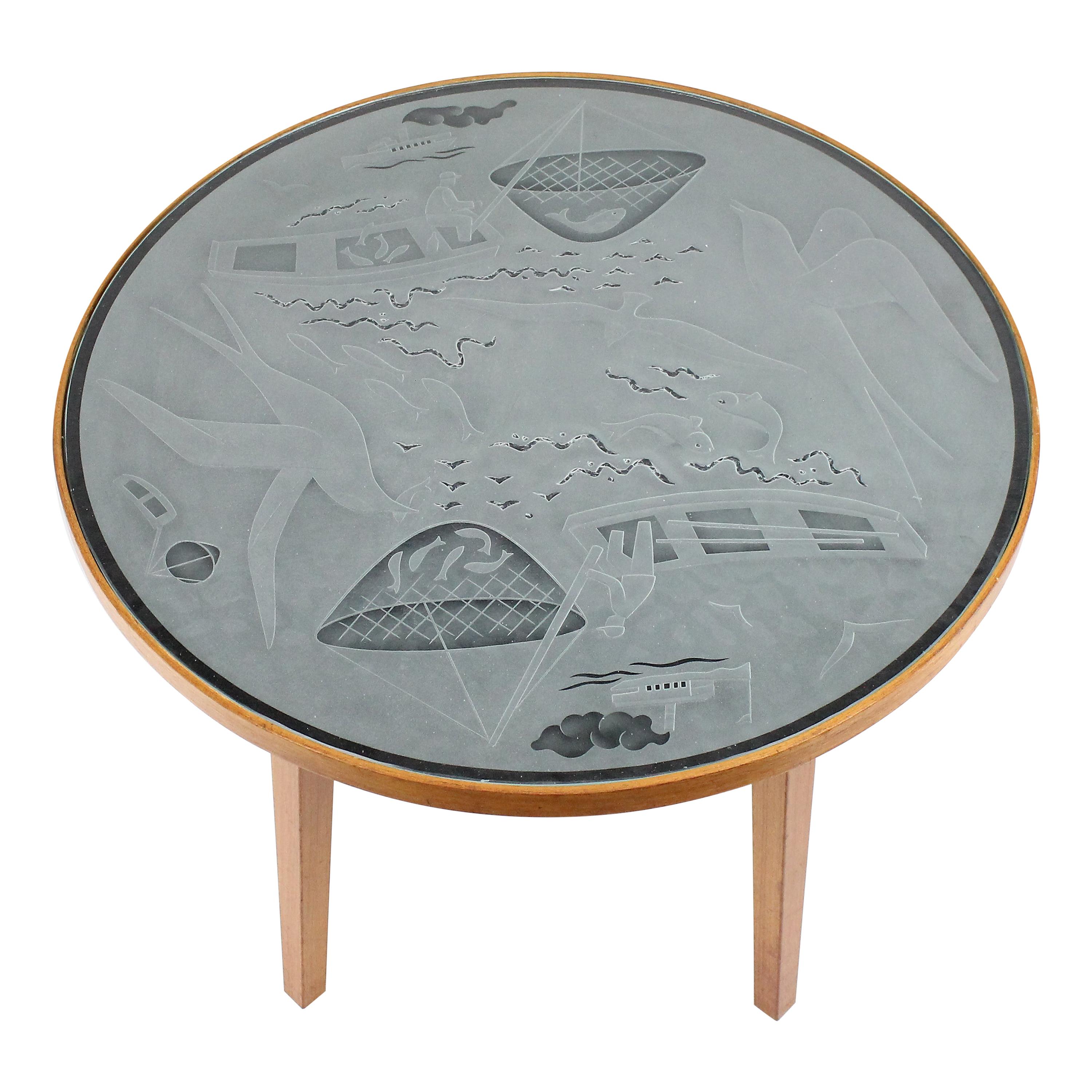 Swedish Modern Engraved Glass Top Table, 1940s