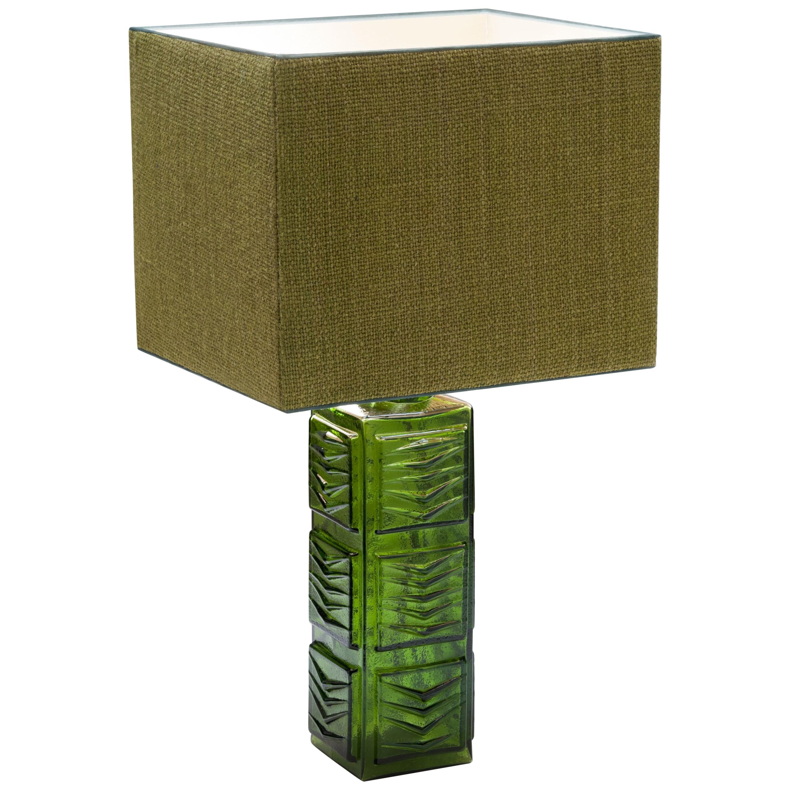 Swedish Modern Fern Motif Green 1970s Table Lamp with Coarse Linen Shade