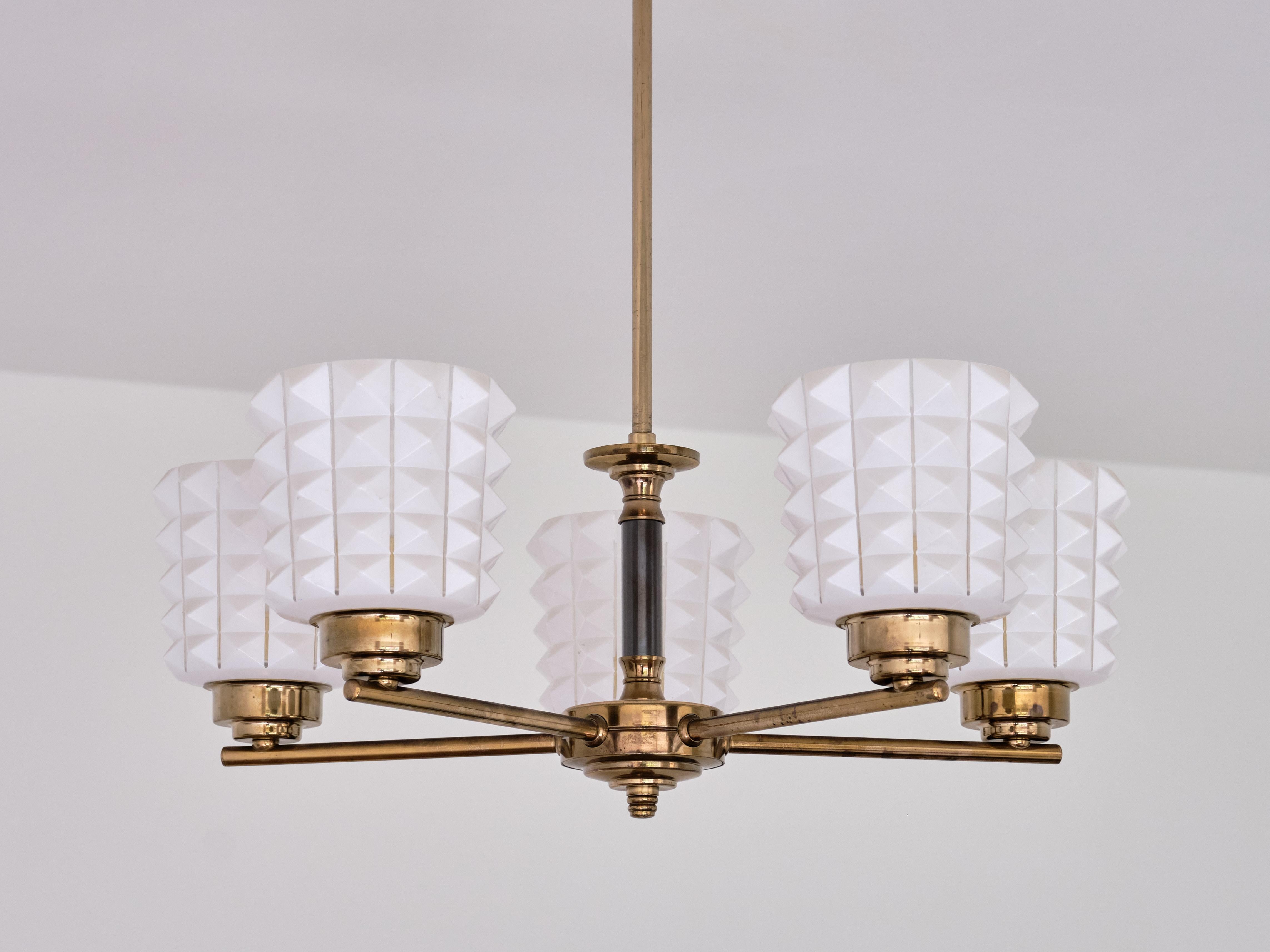 Swedish Modern Five Arm Chandelier in Brass and Studded Opal Glass, 1950s For Sale 7