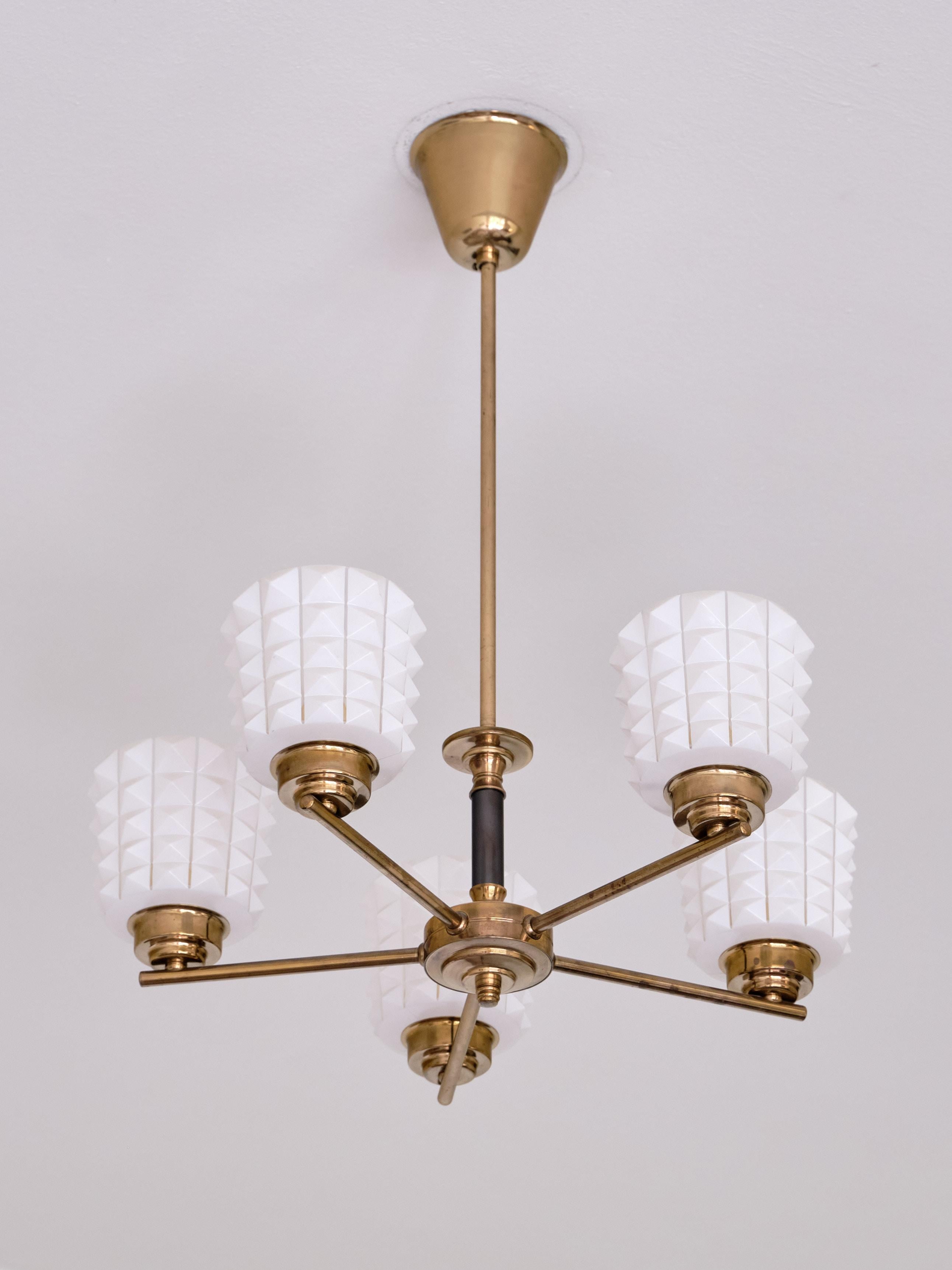 Swedish Modern Five Arm Chandelier in Brass and Studded Opal Glass, 1950s For Sale 8
