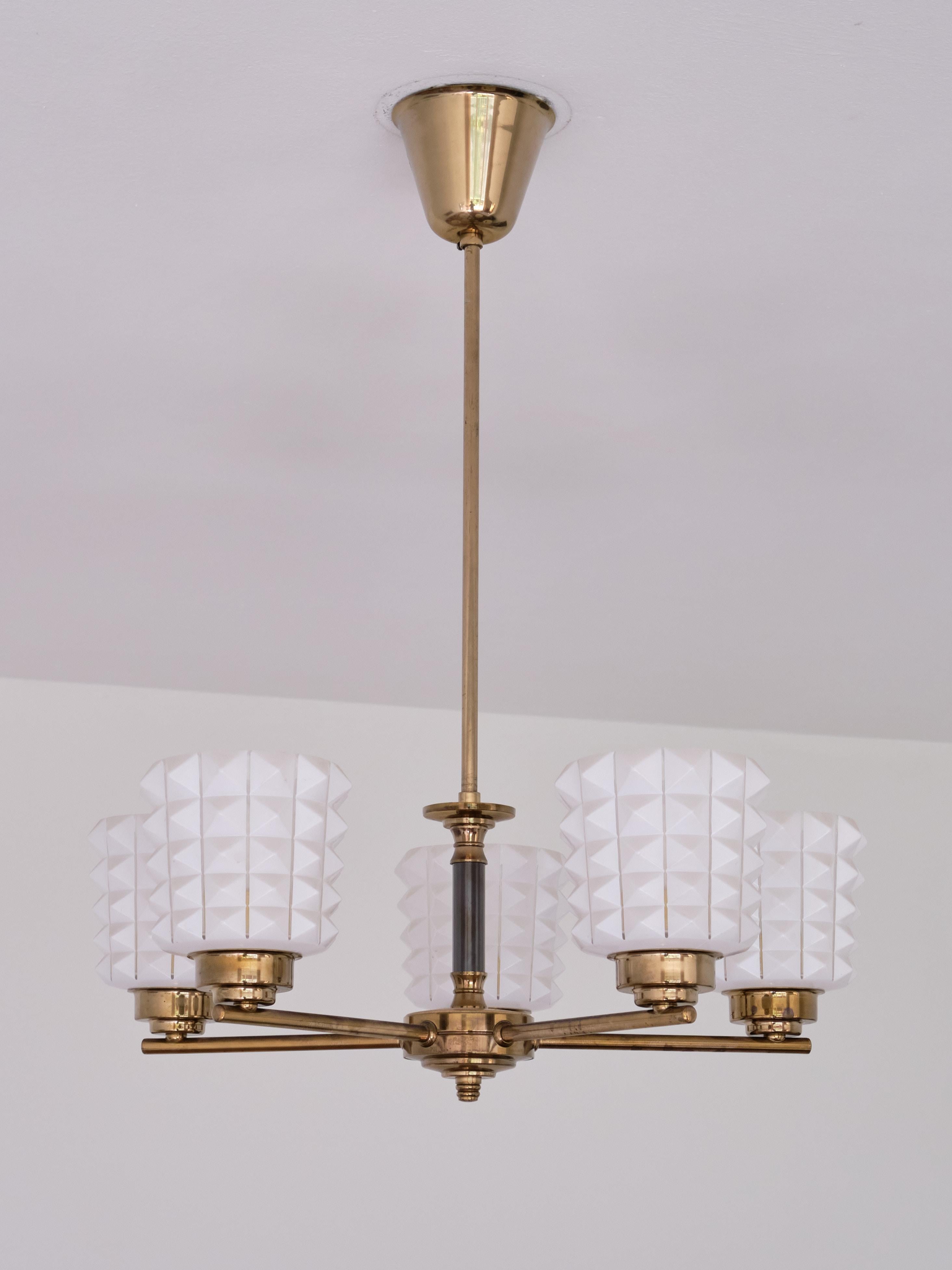 Mid-20th Century Swedish Modern Five Arm Chandelier in Brass and Studded Opal Glass, 1950s For Sale