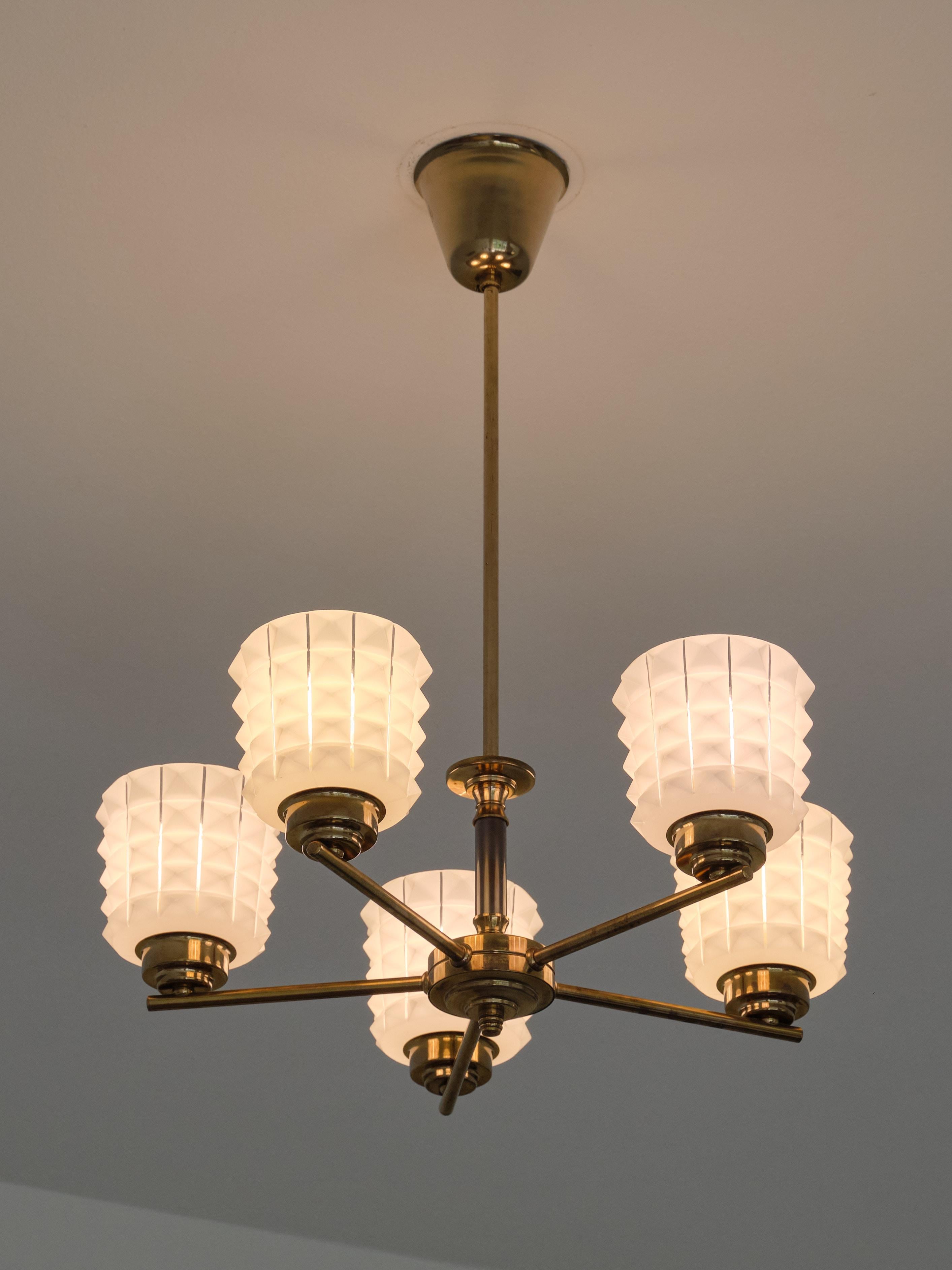 Swedish Modern Five Arm Chandelier in Brass and Studded Opal Glass, 1950s For Sale 1