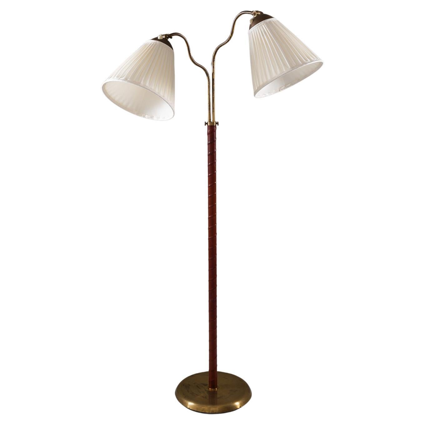 Swedish Modern Floor Lamp in Brass and Leather, 1940s