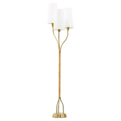 Swedish Modern Floor Lamp in Brass and Rattan in the Manner of Hans Bergström