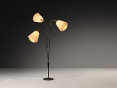 Swedish Modern Floor Lamp in Brass and Steel with Fabric Shades