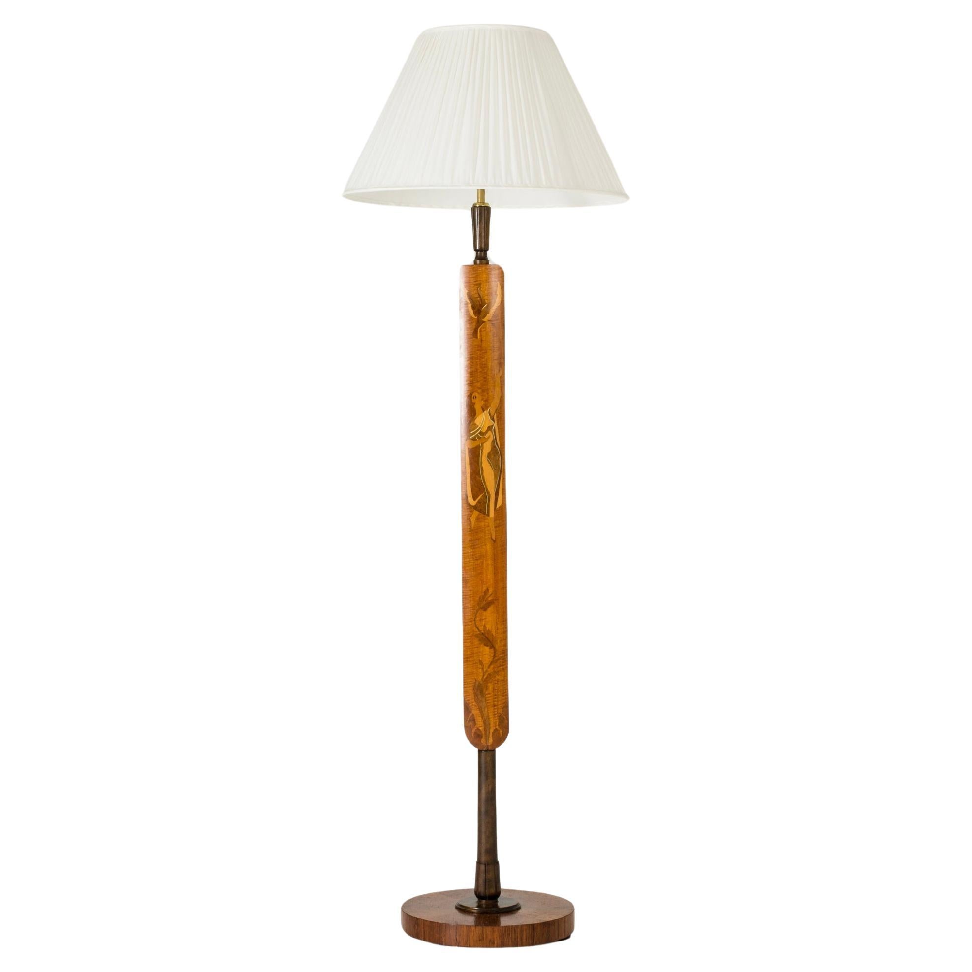 Swedish Modern floor lamp with inlays, Mjölby Intarsia, Sweden, 1930s For Sale