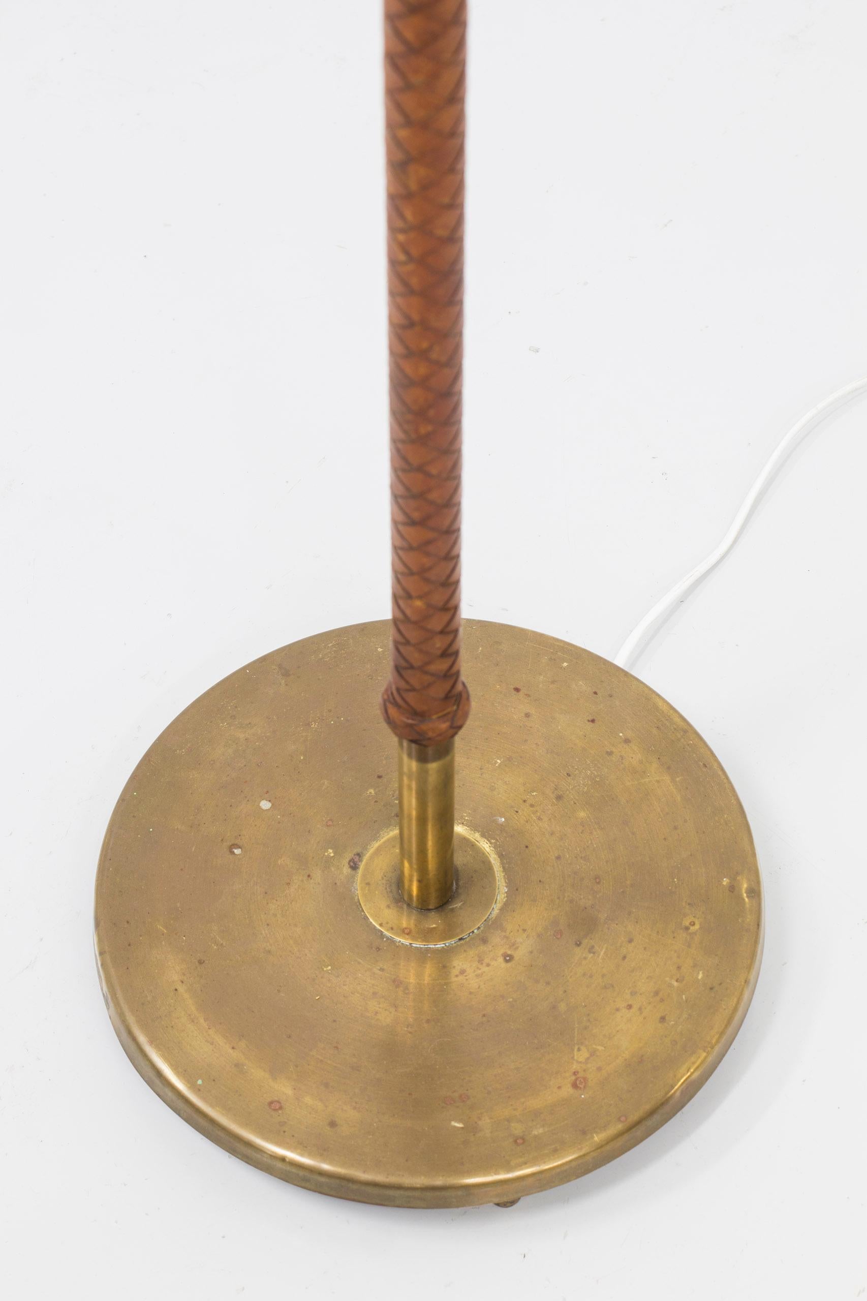 Swedish modern floor lamp with original braided cognac leather and brass, 1940s 3