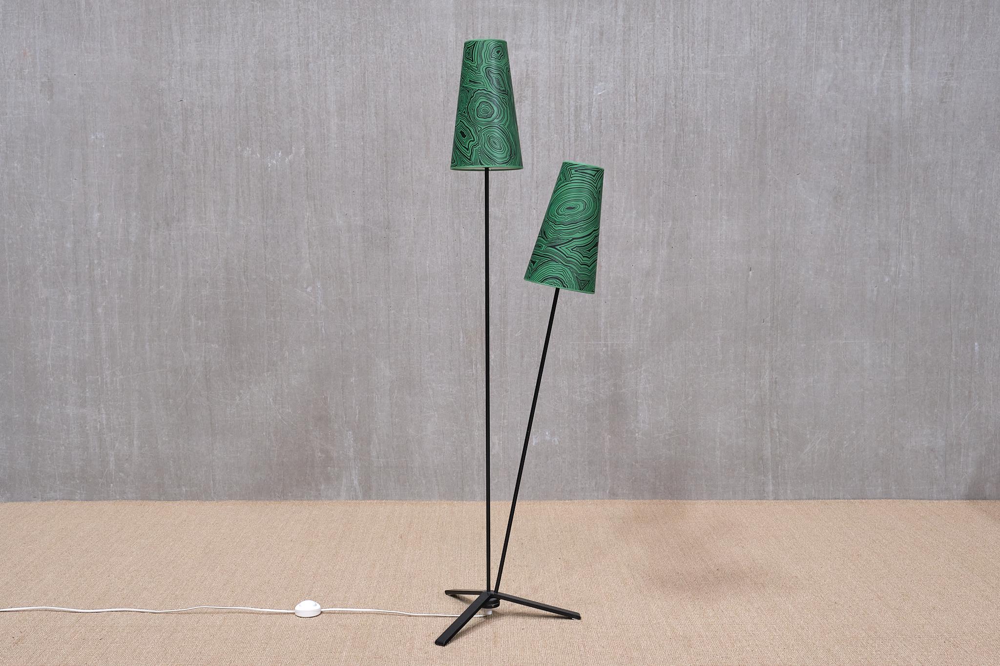 Swedish Modern Floor Lamp with Malachite Print Paper Shade by Fornasetti, 1950s For Sale 7