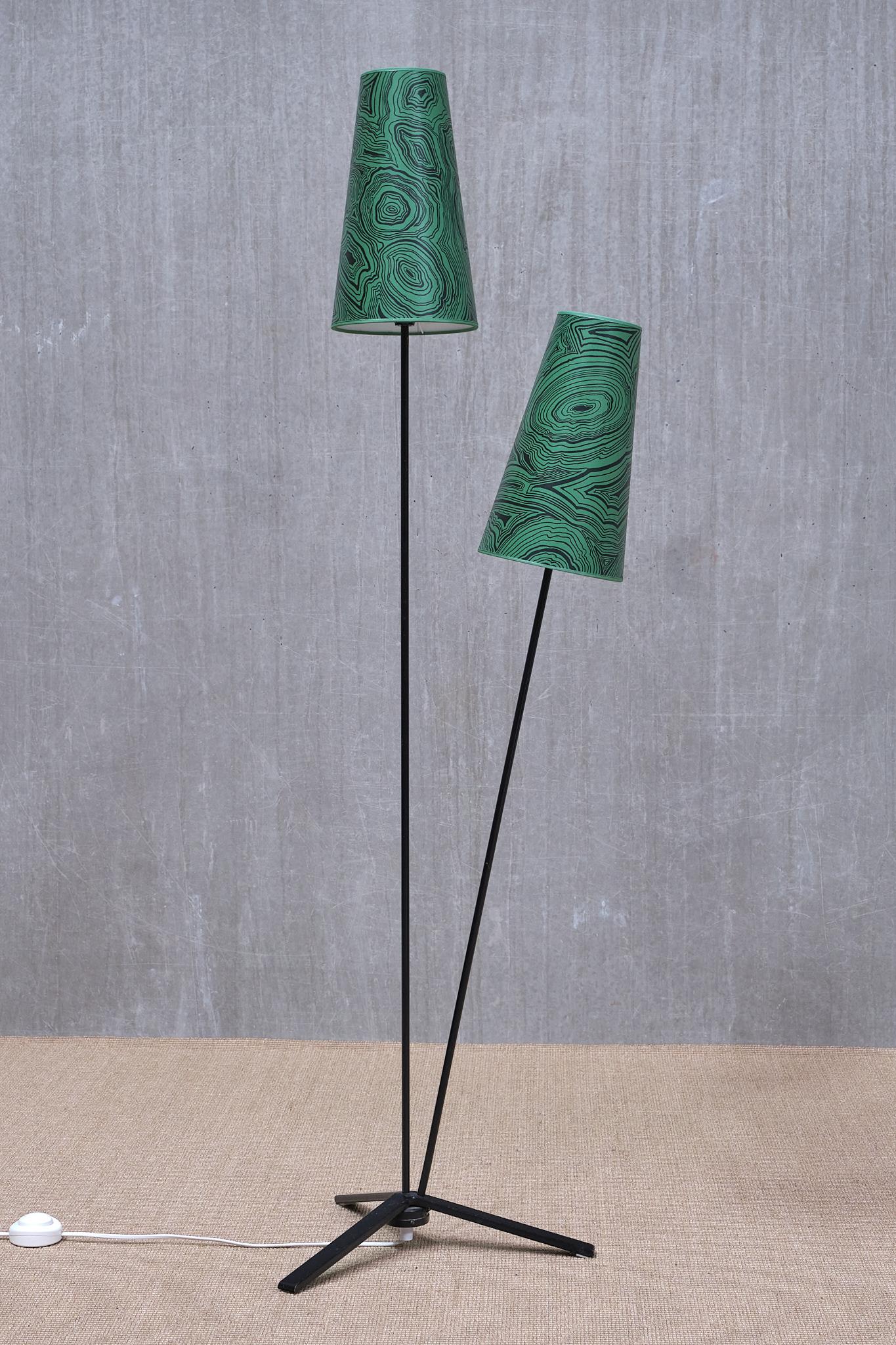 Metal Swedish Modern Floor Lamp with Malachite Print Paper Shade by Fornasetti, 1950s For Sale