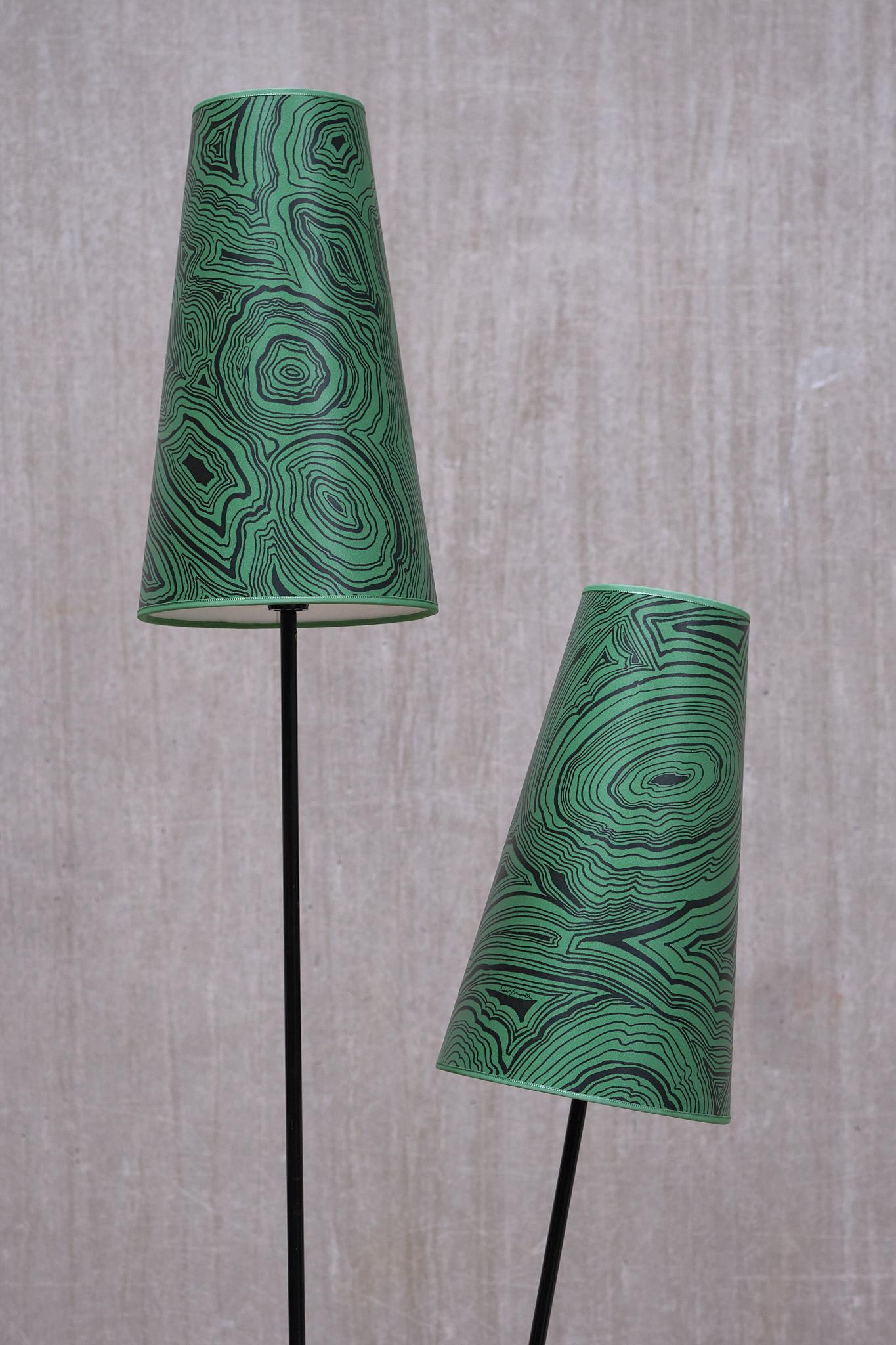 Swedish Modern Floor Lamp with Malachite Print Paper Shade by Fornasetti, 1950s For Sale 1