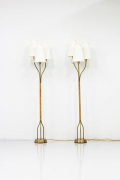 Swedish Modern Floor Lamps in Brass and Rattan in the Manner of Hans Bergström