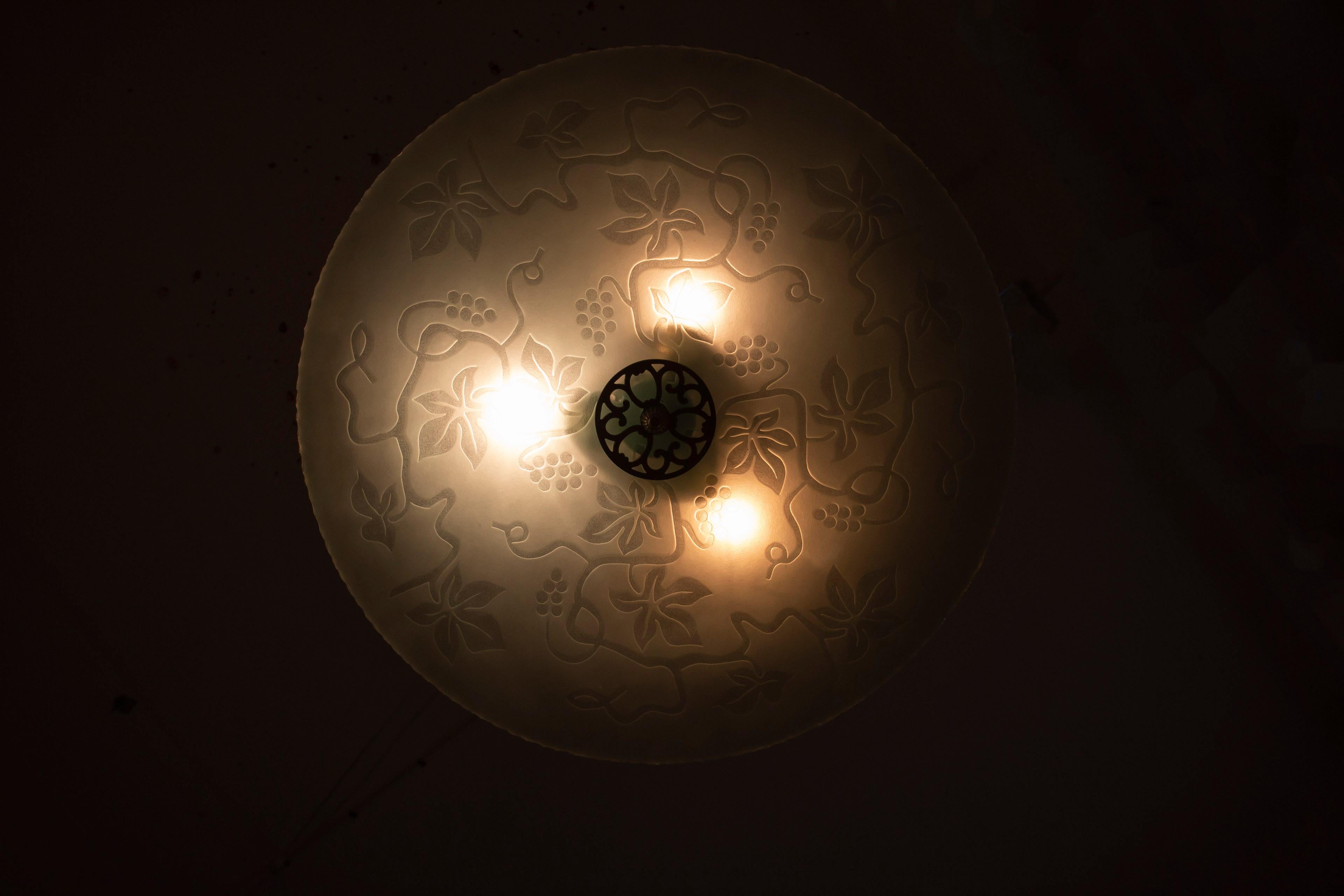 Suédois Lampe suédoise moderne en verre encastrée avec motif floral gravé, années 1940 en vente