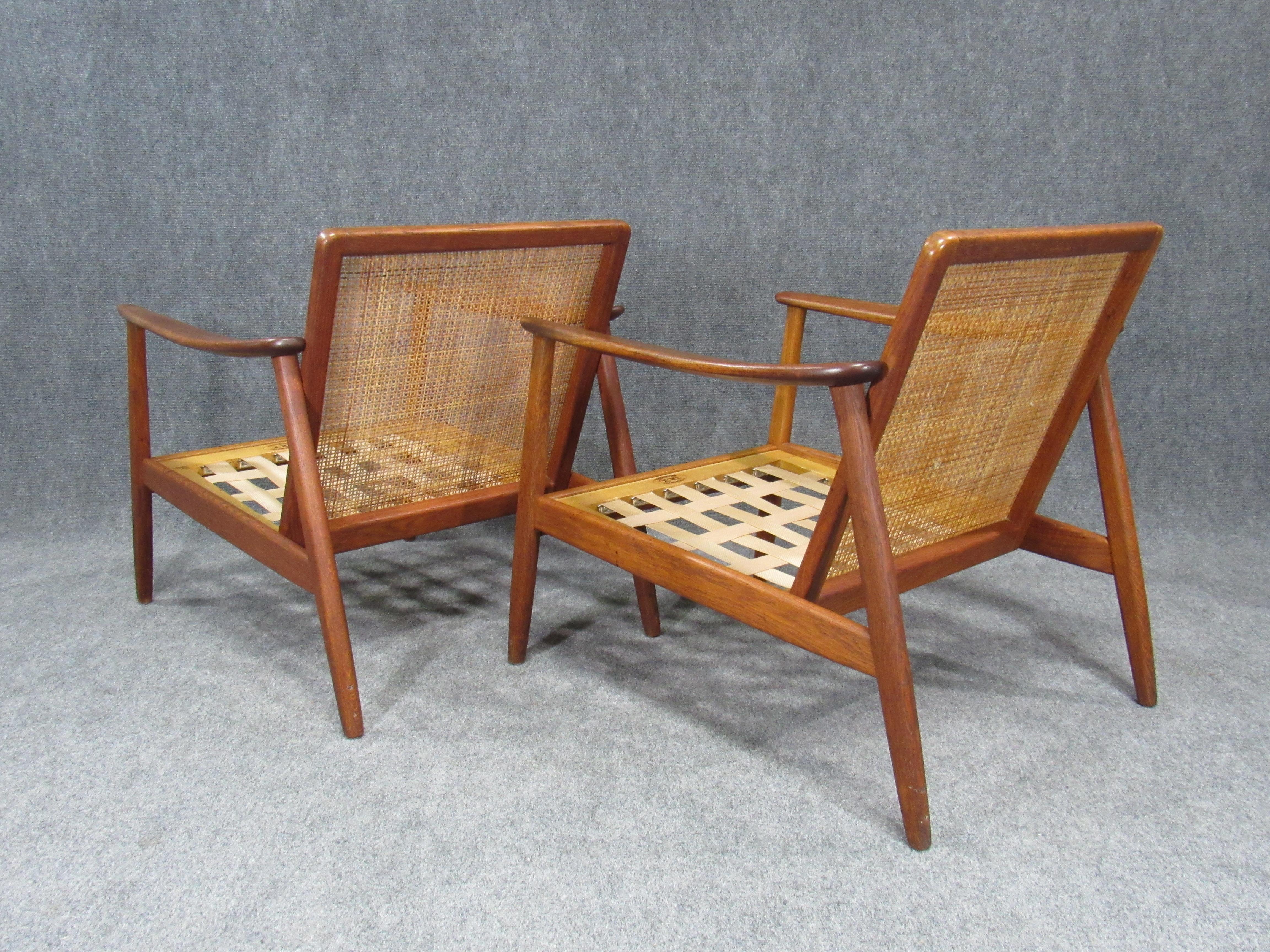 Swedish Modern Folke Ohlsson Lounge Teak Arm Chair with Cane Backrest for Dux In Good Condition In Belmont, MA