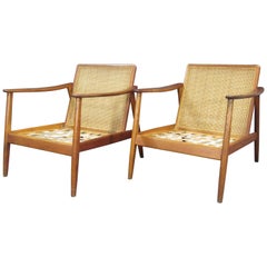 Swedish Modern Folke Ohlsson Lounge Teak Arm Chair with Cane Backrest for Dux